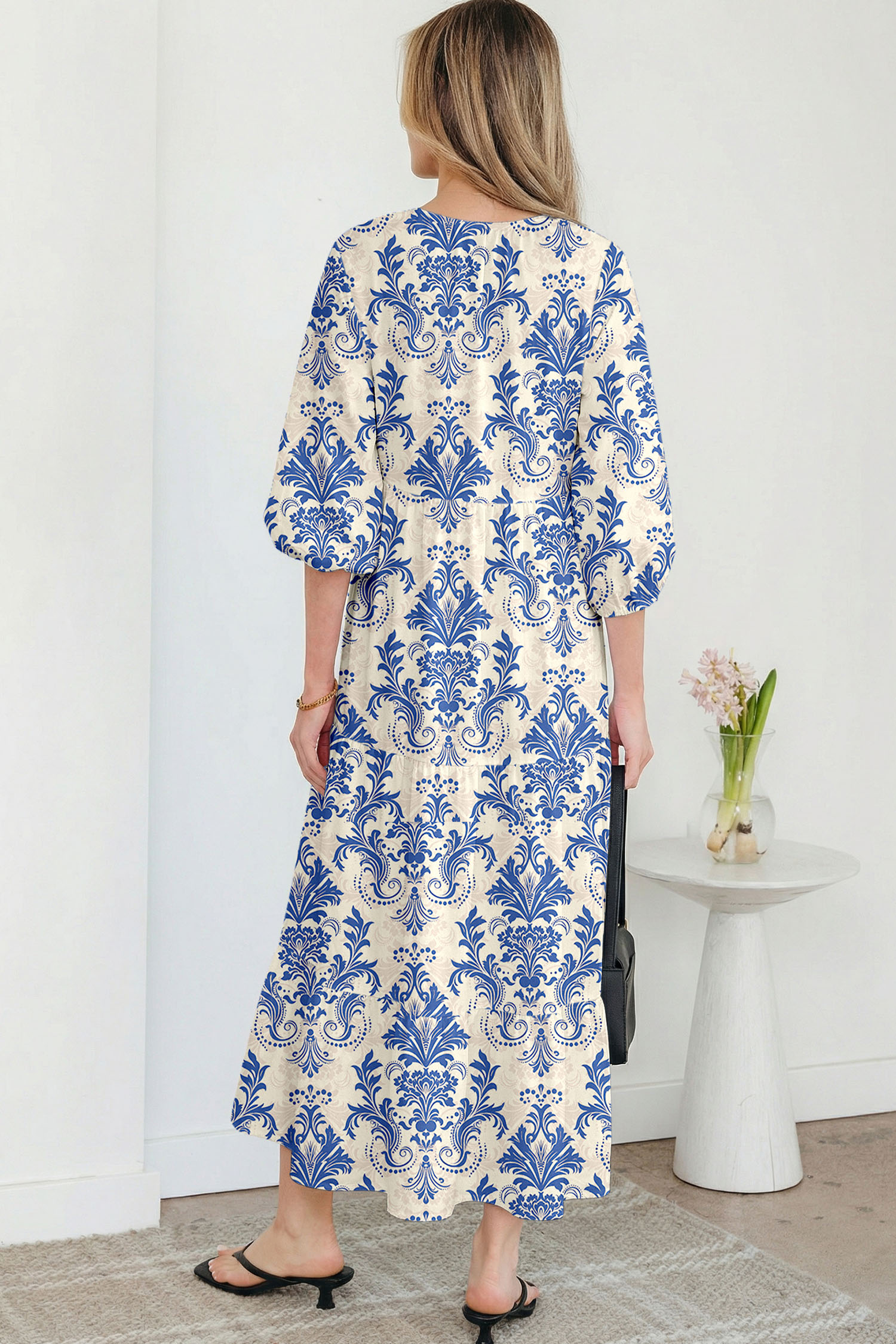 Sky Blue Boho Printed Half Sleeve Maxi Dress - loveforevers