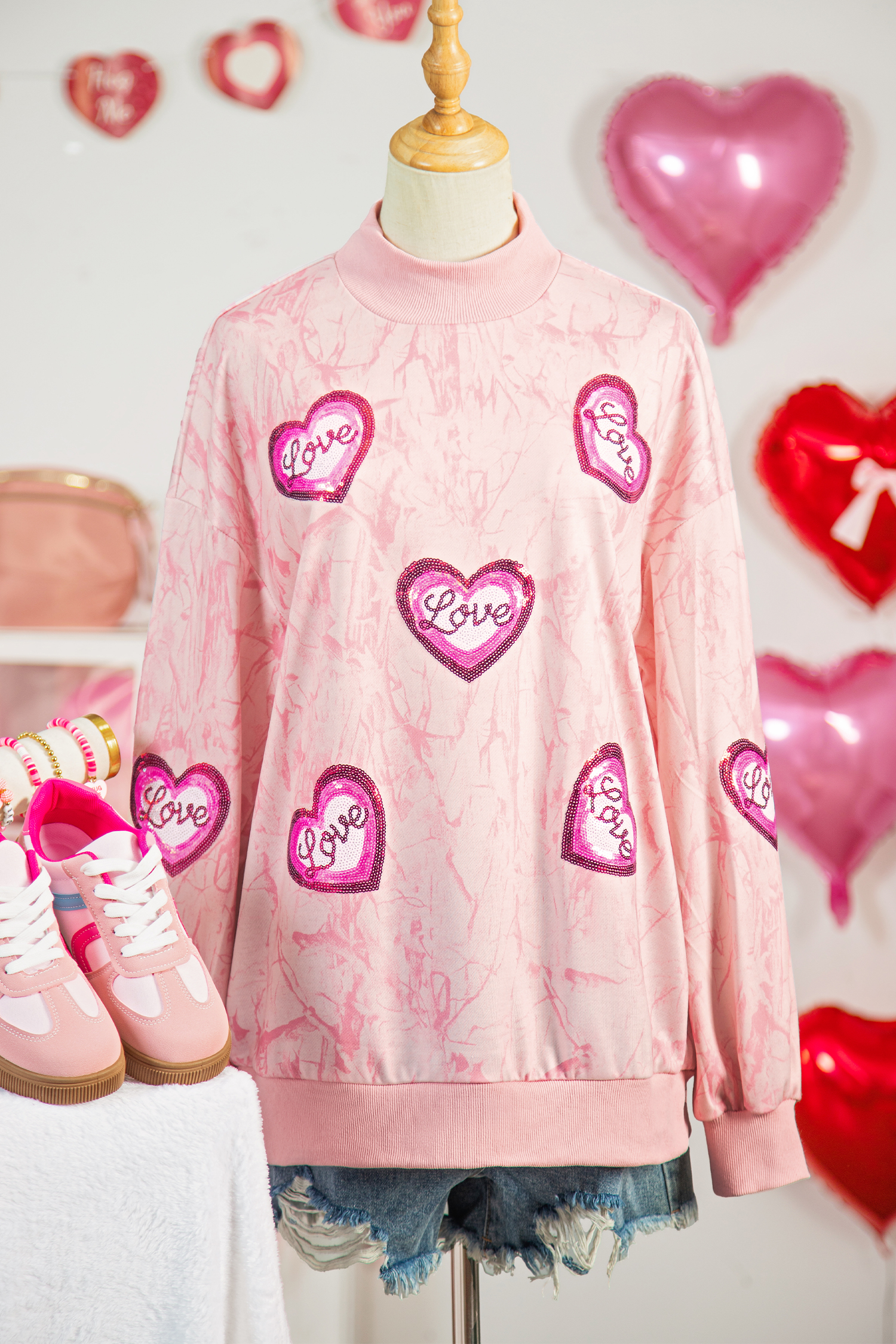 Pink Tie Dye Camo Sequin Love Heart Patched Mock Neck Sweatshirt - loveforevers