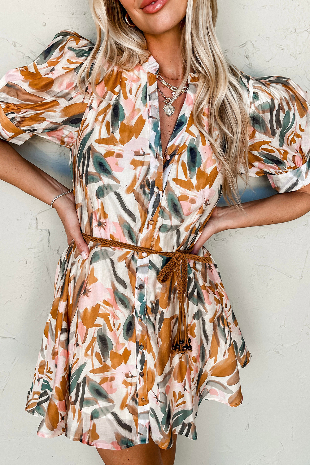 Brown Abstract Printed Puff Sleeve Button Up Braided Belt Mini Dress - loveforevers