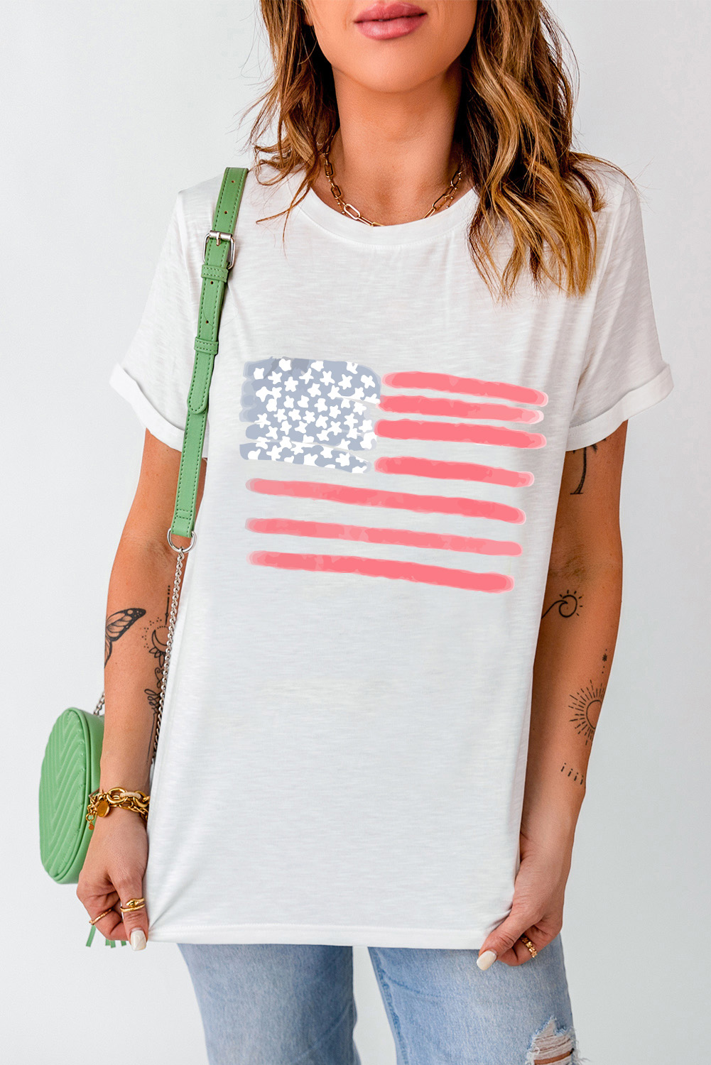 White American Flag Pattern Crew Neck Short Sleeve Tee - loveforevers