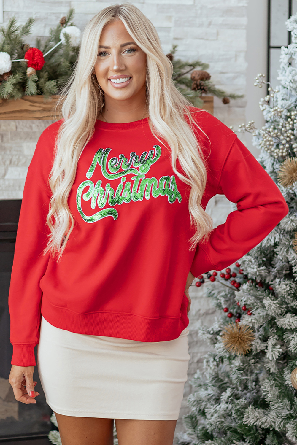 Red Merry Christmas Crewneck Drop Shoulder Loose Sweatshirt - loveforevers
