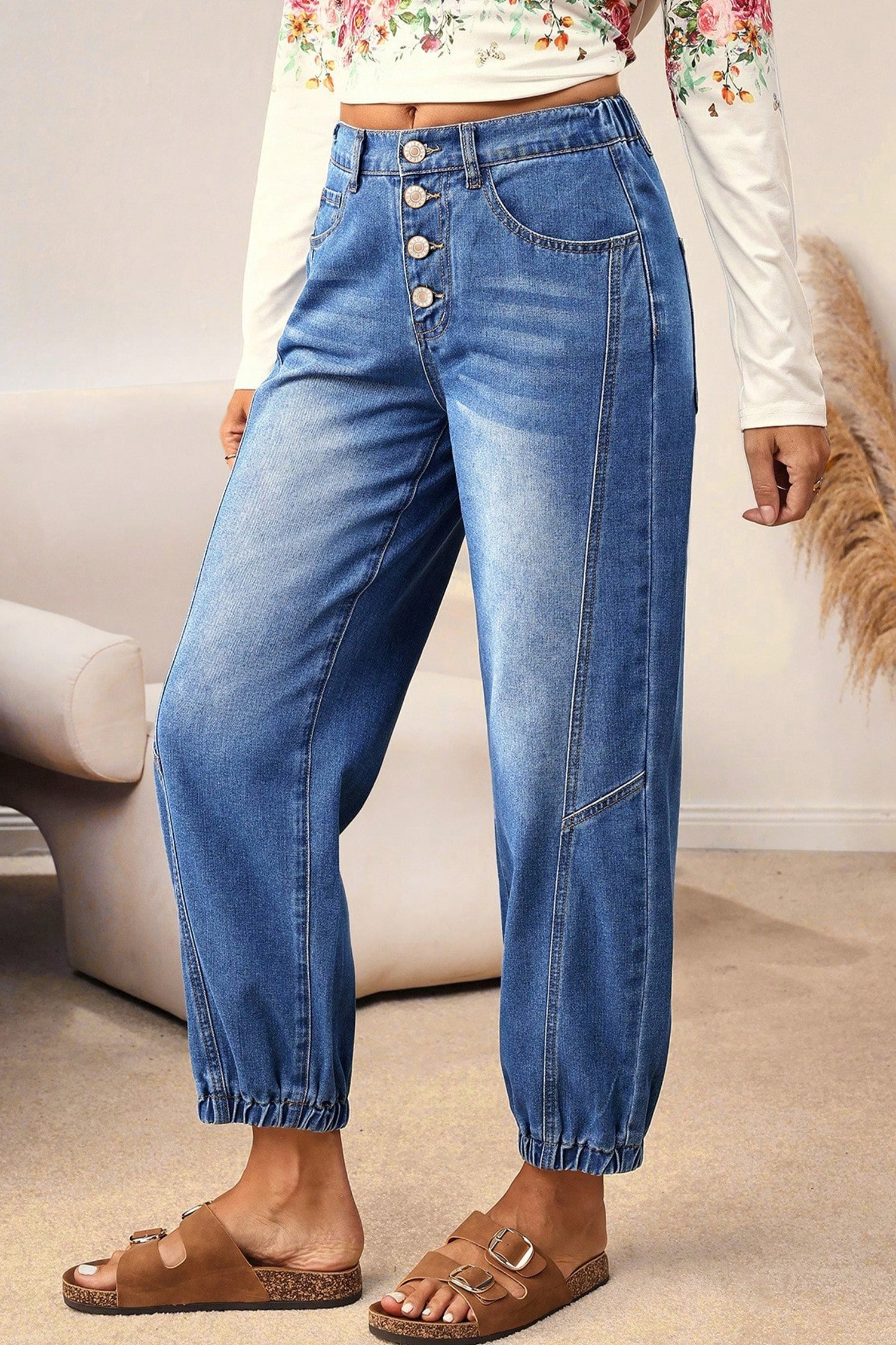Dusk Blue Loose Straight Leg Cropped High Waist Jeans - loveforevers