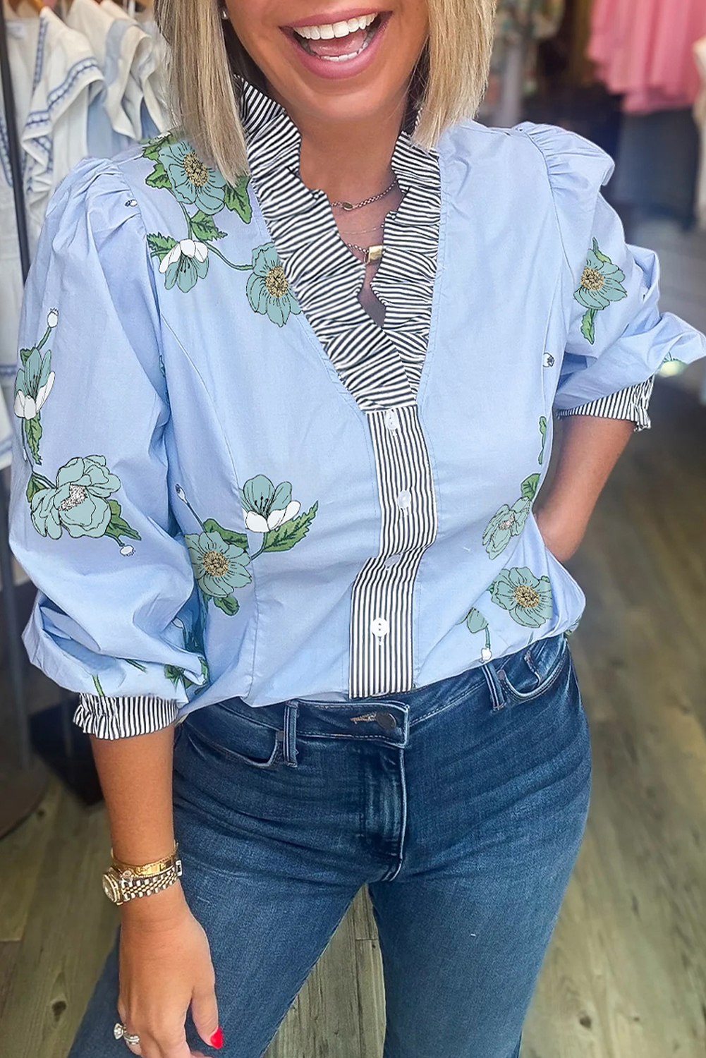Sky Blue Floral Print Contrast Striped Trim Ruffled V Neck Fall Blouse - loveforevers