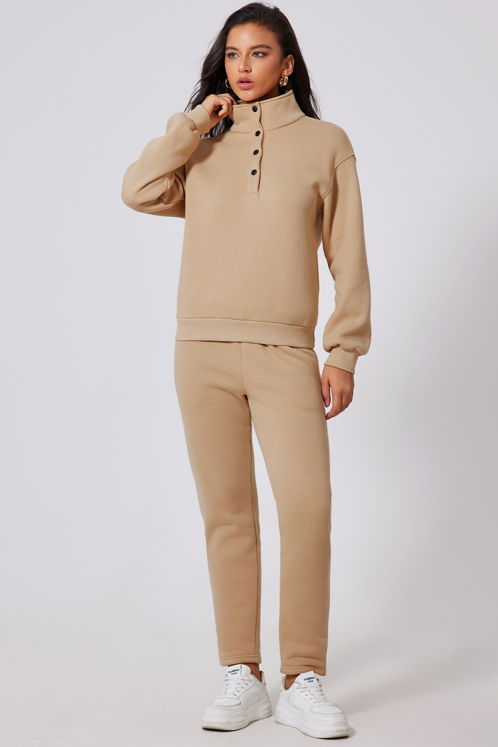 Parchment Solid Half Button Sweatshirt and High Waist Sweatpants Set - loveforevers