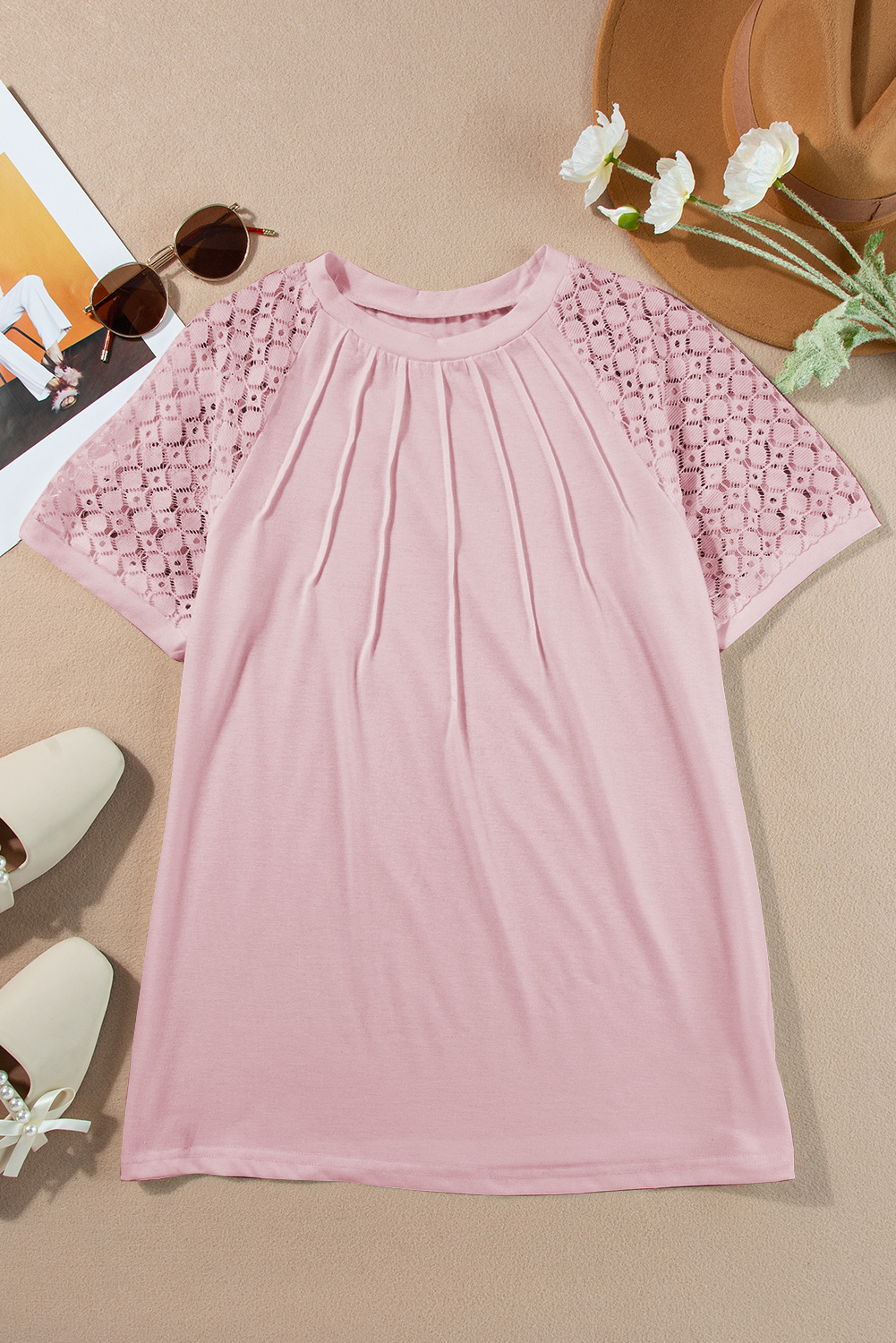 Pink Seamed Detail Contrast Lace Raglan Sleeve Tee - loveforevers