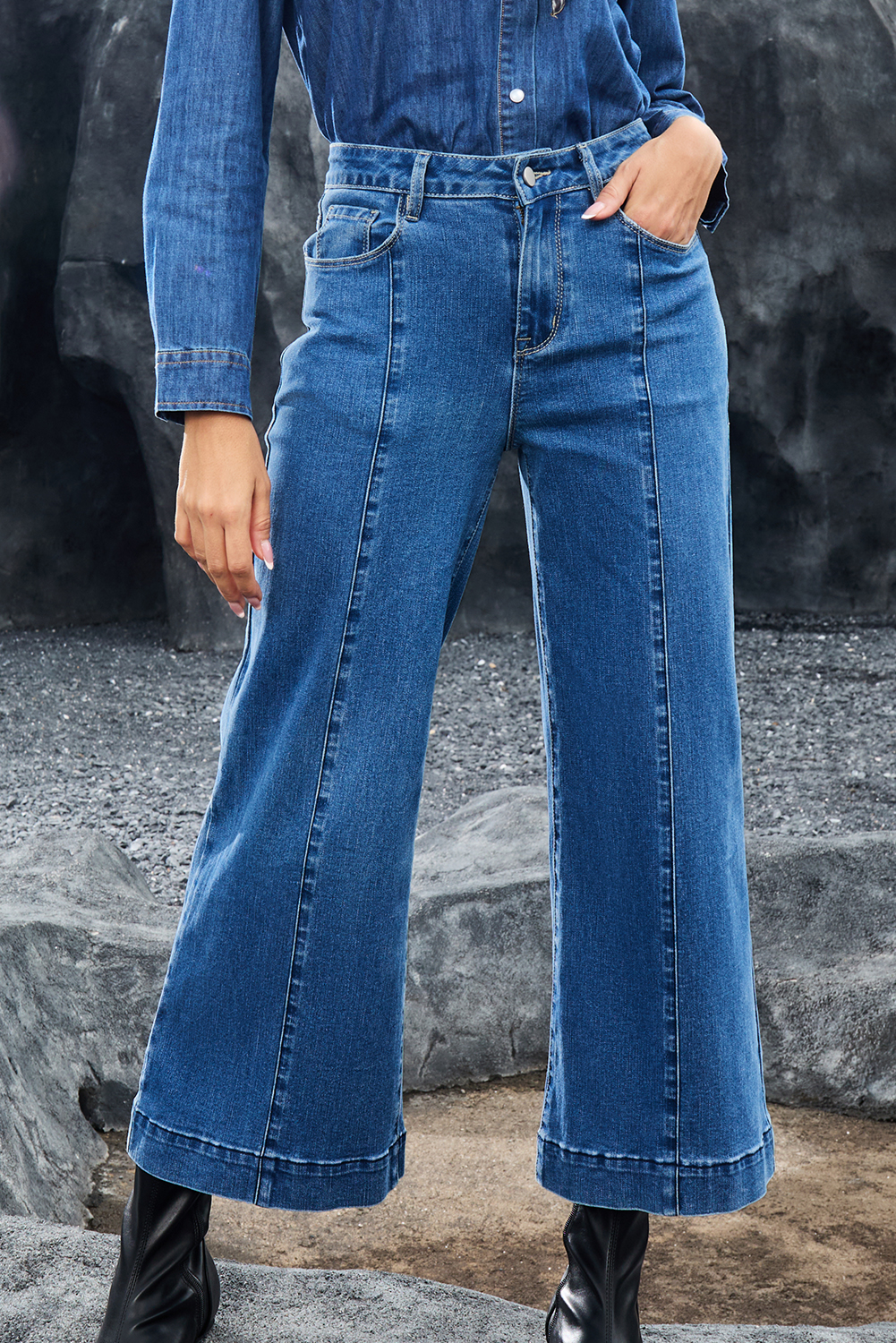 Black Plain Seam Detail Flared Bottom Ankle Length Jeans - loveforevers