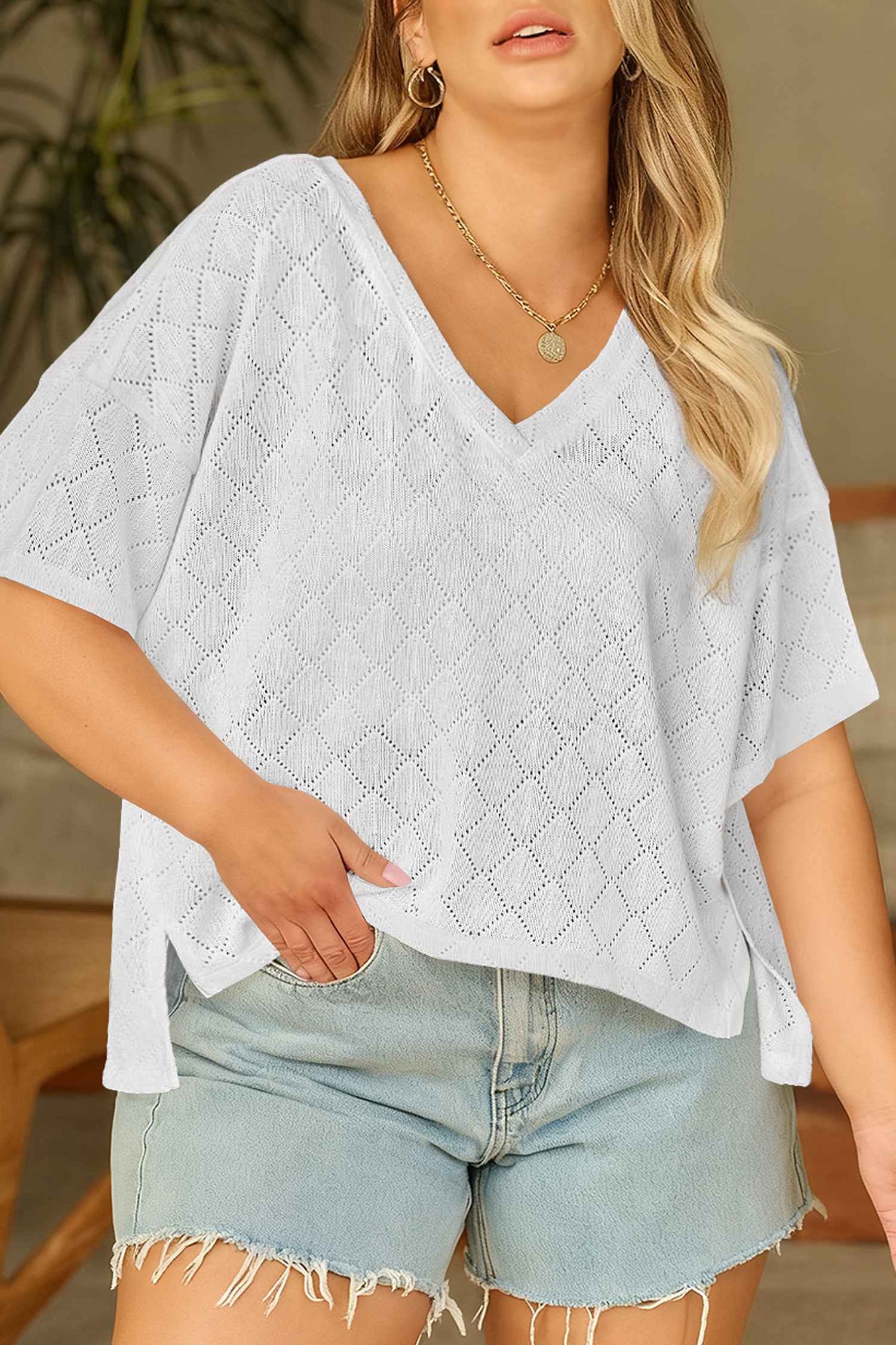 White Pointelle Rhombus Knit Plus Size V Neck Loose Top - loveforevers