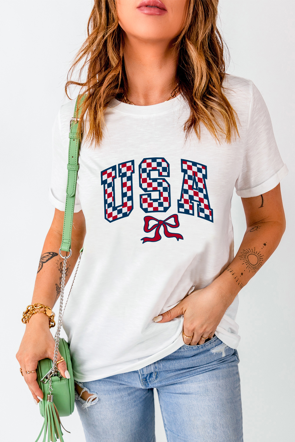 White Checkered USA Graphic Casual Tee - loveforevers