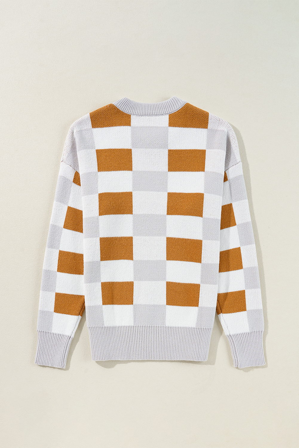Khaki Checkered Ribbed Edge O Neck Drop Shoulder Sweater - loveforevers