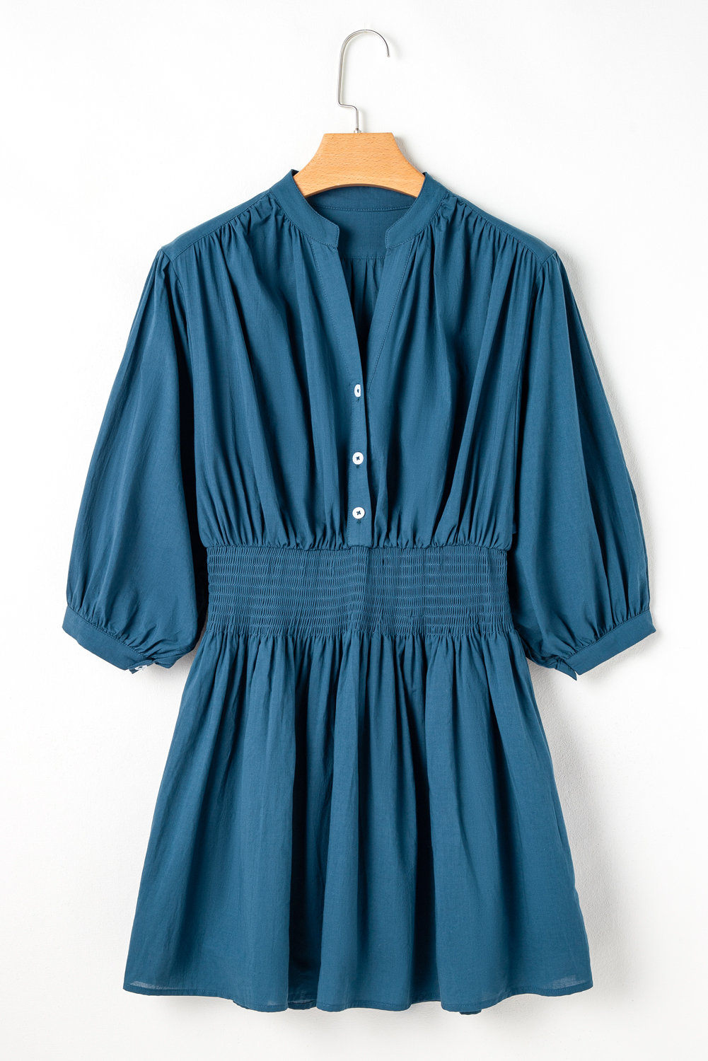 Prussian Blue 3/4 Sleeve Shirred High Waist Buttoned Mini Dress - loveforevers