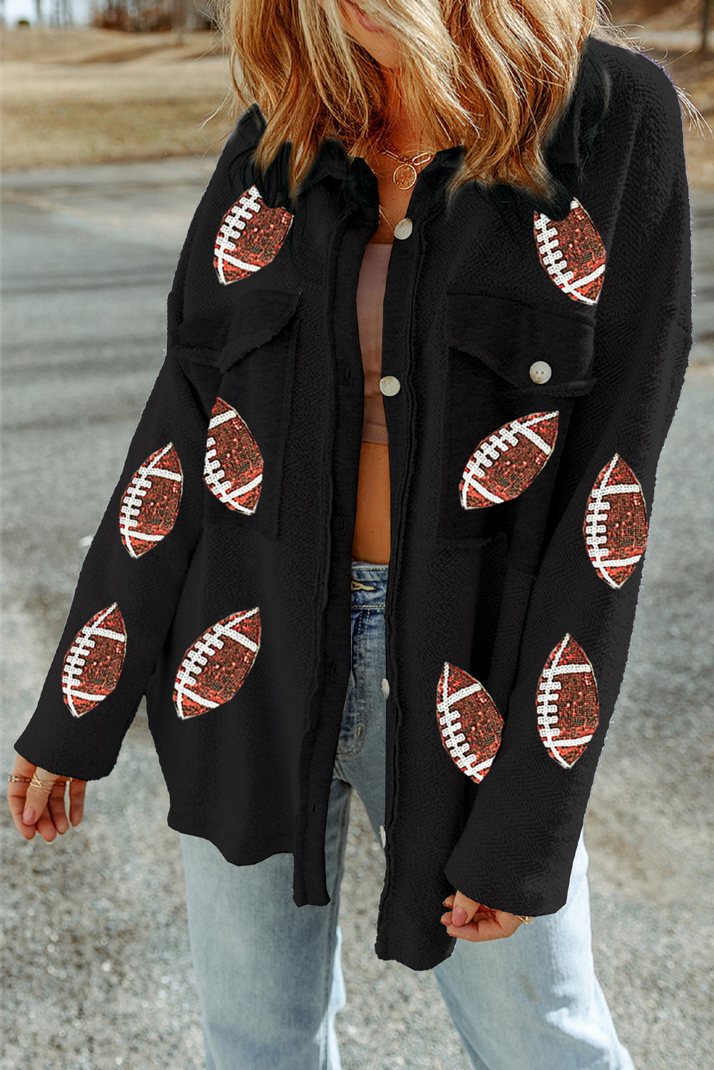 Black Contrast Flap Pockets Relaxed Shacket - loveforevers