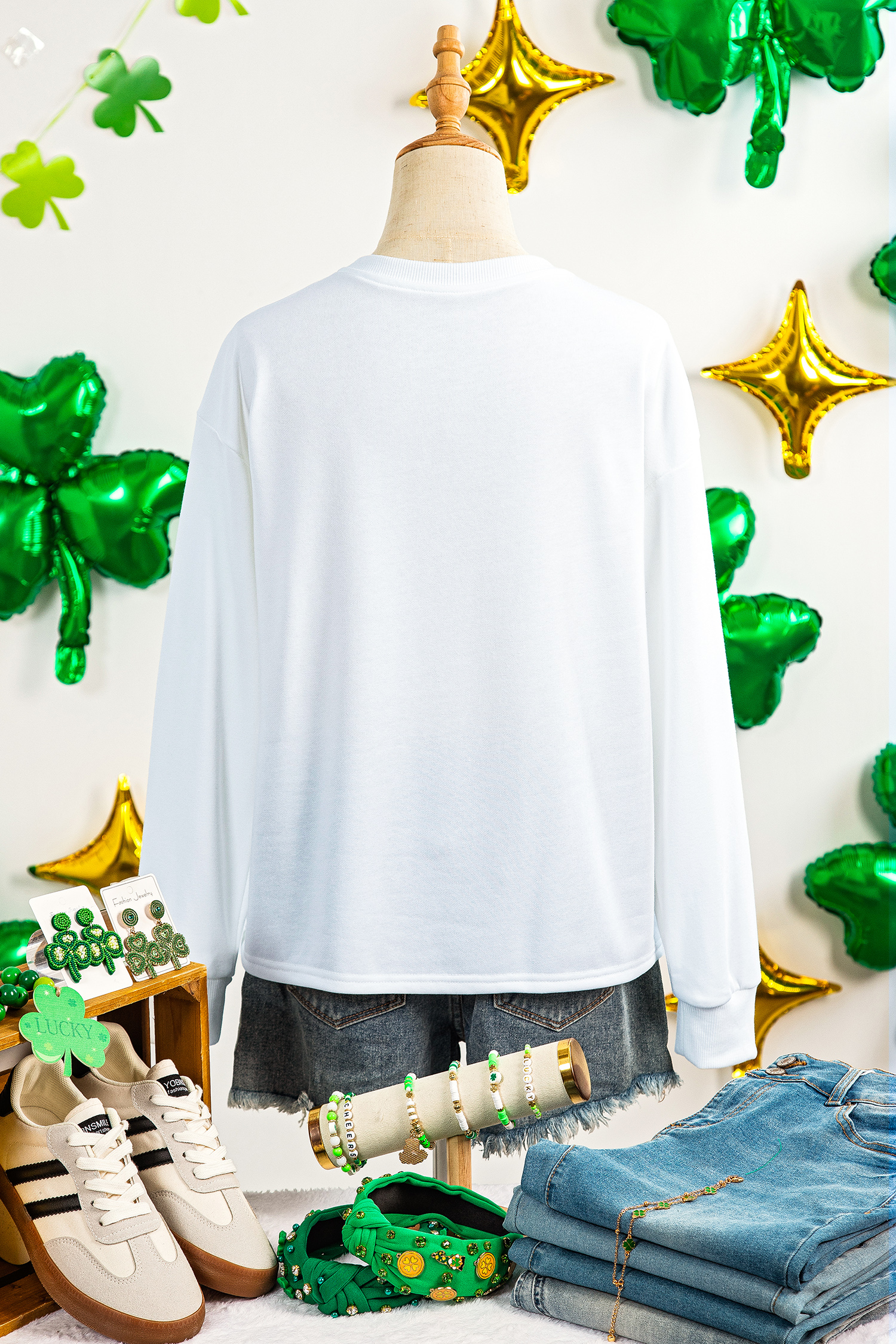 White LUCKY Clover Embroidered Long Sleeve Top - loveforevers