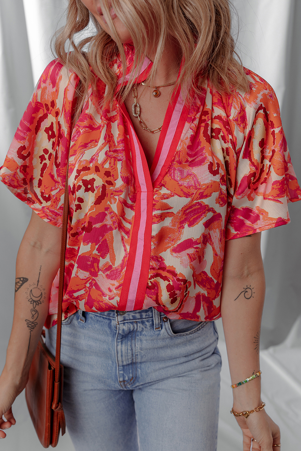 Rose Abstract Print Striped Trim Split Neck Blouse - loveforevers