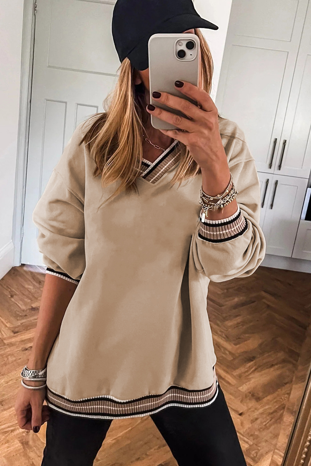 Gray Varsity Contrast Striped Trim V Neck Sweatshirt - loveforevers