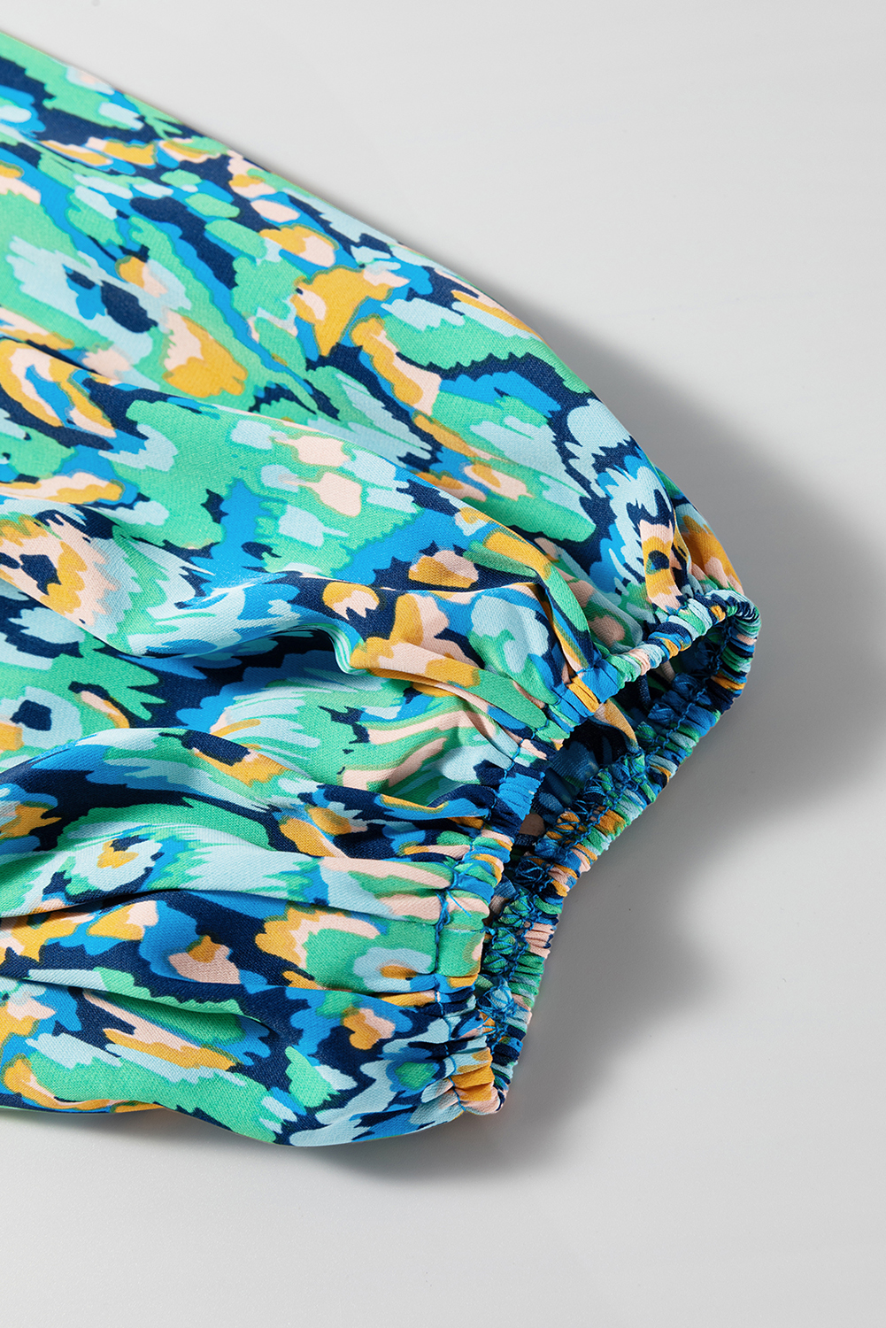 Green Abstract Print Puff Sleeve V Neck High Waist Romper - loveforevers
