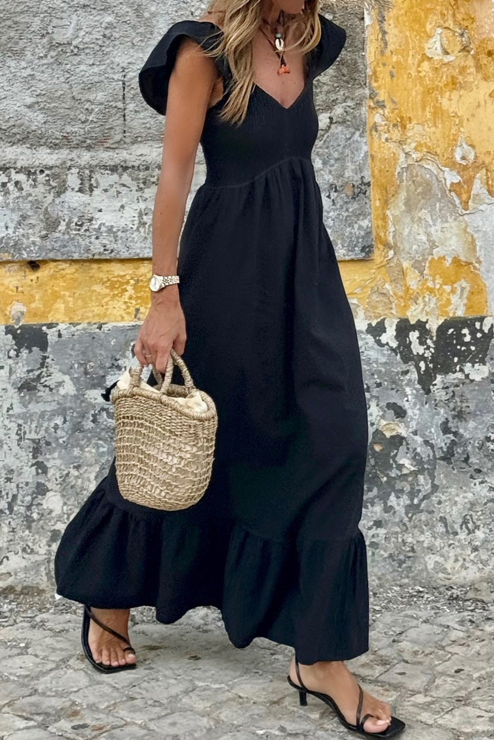 Black V Neck Flutter Sleeve Smocked Bodice High Waist Ruffle Maxi Dress - loveforevers