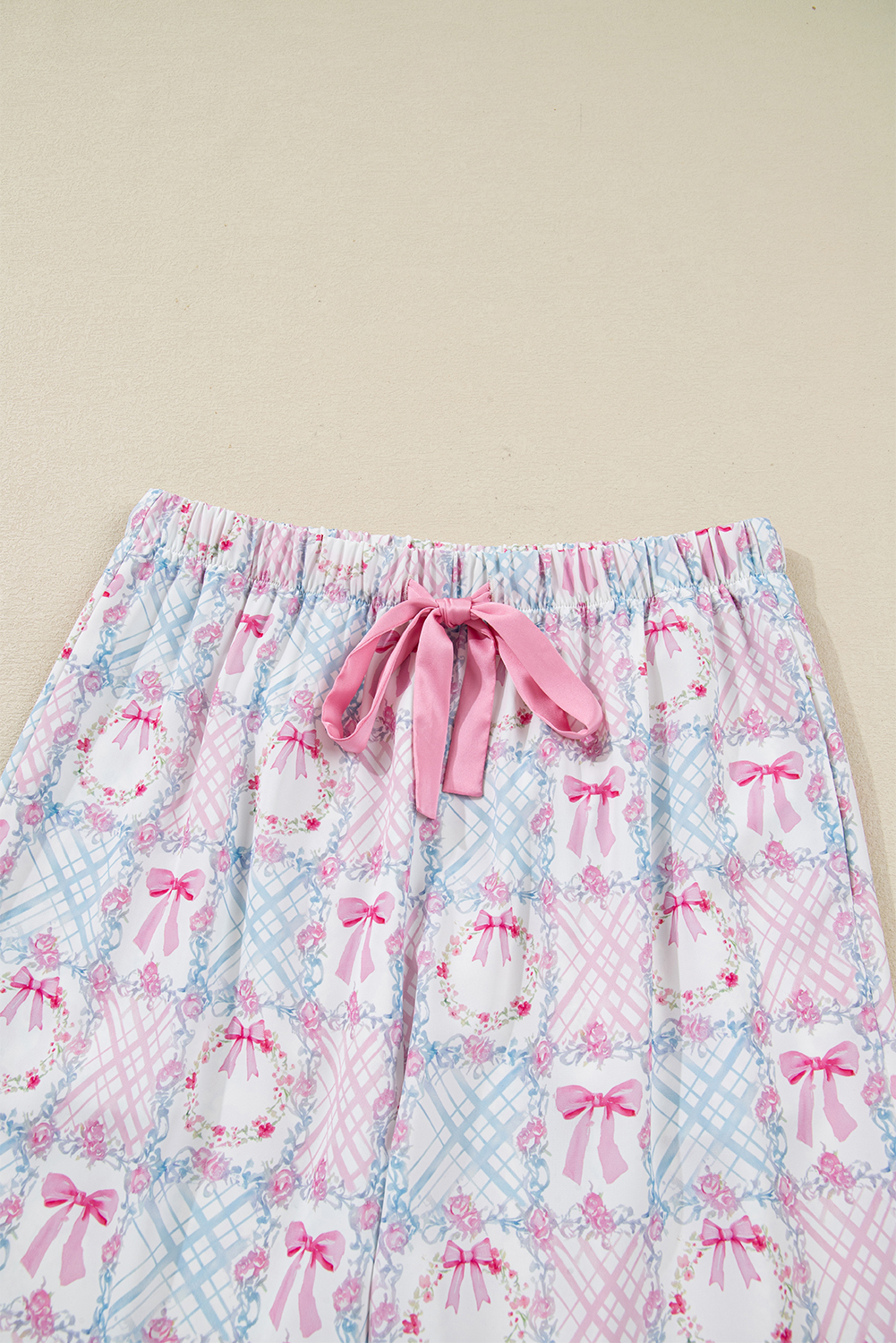 Pink Bow Wreath Pattern Christmas Holiday Tied Front Long Sleeve 2pcs Pajama Set - loveforevers