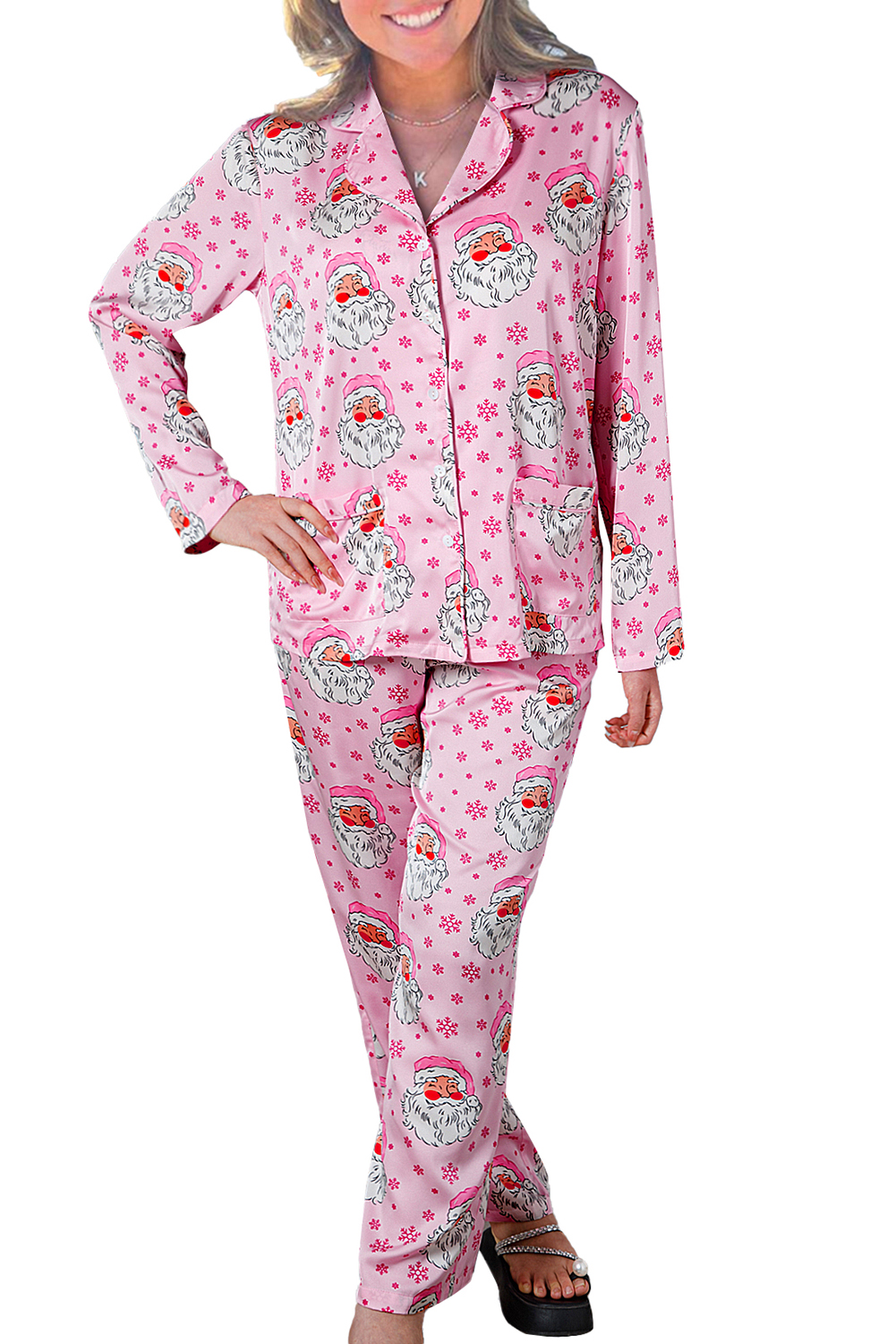 Pink Santa Claus Snowflake Long Sleeve Shirt Christmas Pajama Set - loveforevers