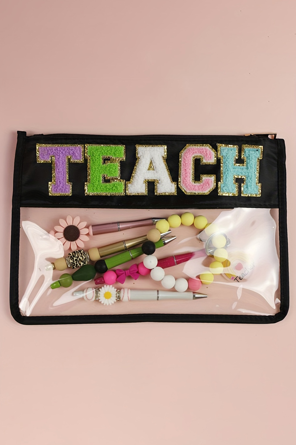 Black TEACH Glitter Chenille Clear PVC Makeup Bag - loveforevers