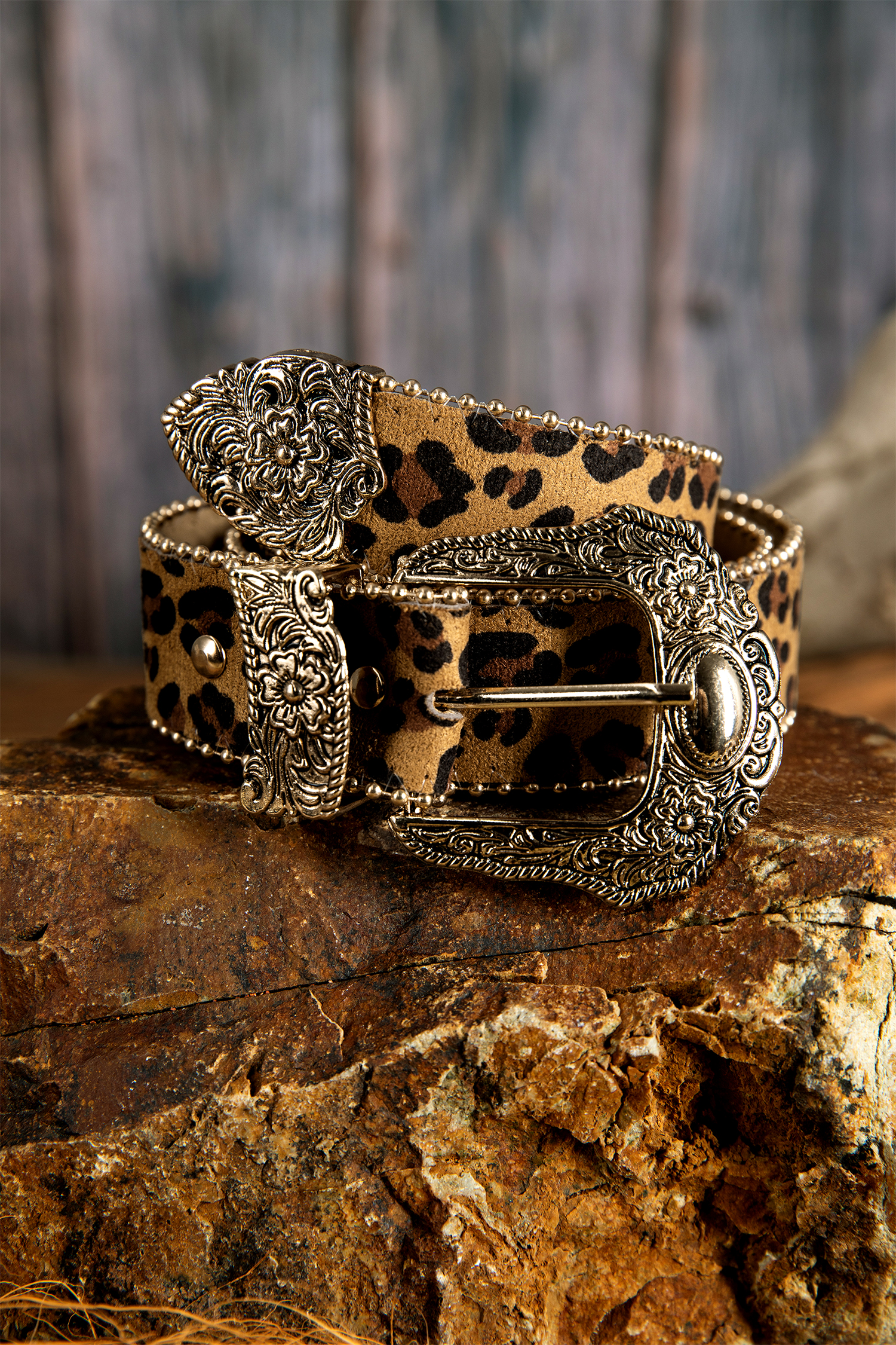 Thai Curry Leopard Beading Trim Retro Embossed Hardware PU Waist Belt - loveforevers