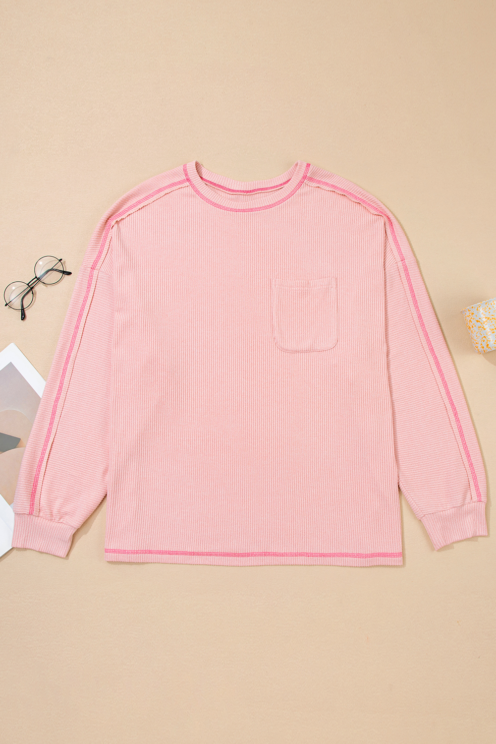 Bonbon Ribbed Exposed Seam Round Neck Chest Pocket Plus Knit Top - loveforevers