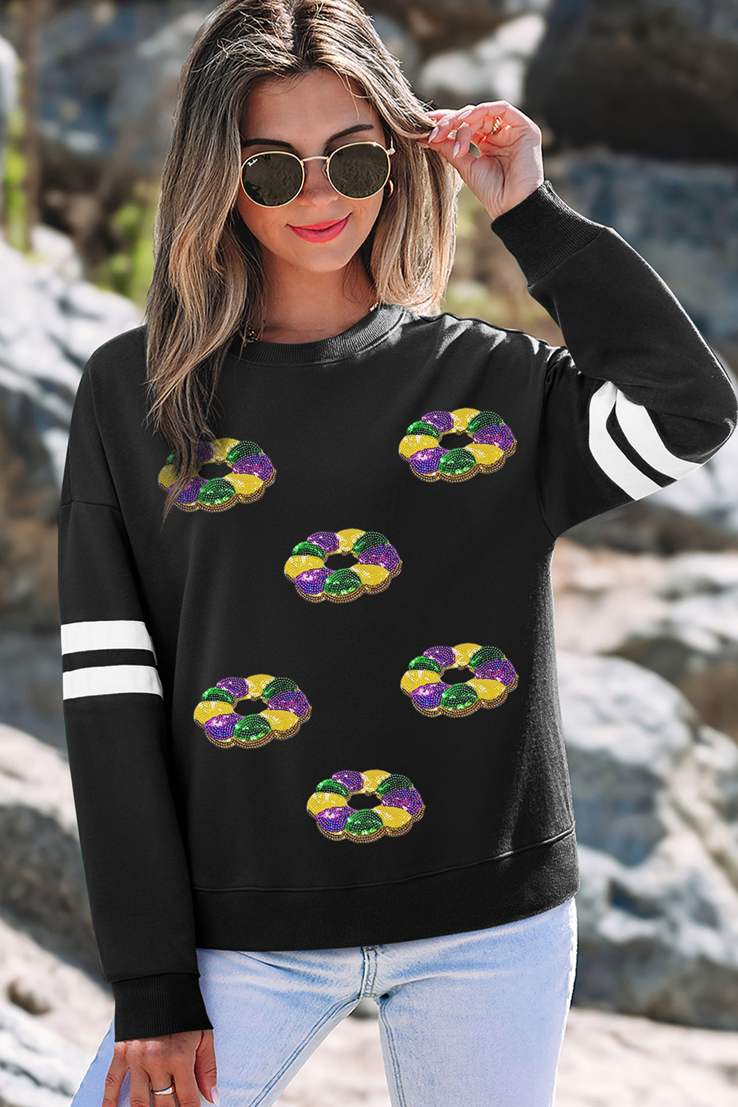 Black Sequin Mardi Crown Dropped Shoulder Varsity Sweatshirt - loveforevers