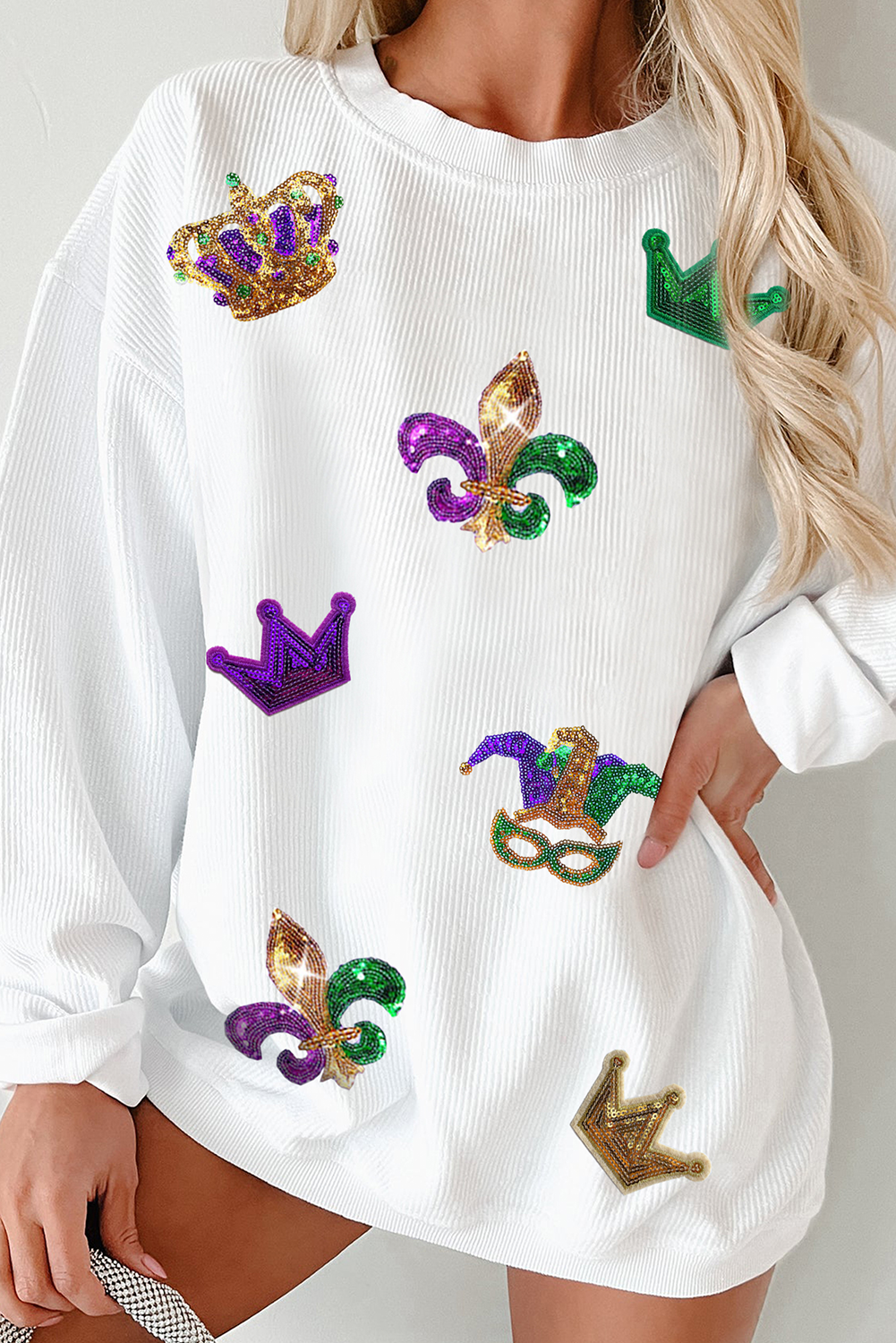 White Sequin Mardi Gras Symbol Crown Mask Patched Corded Sweatshirt - loveforevers