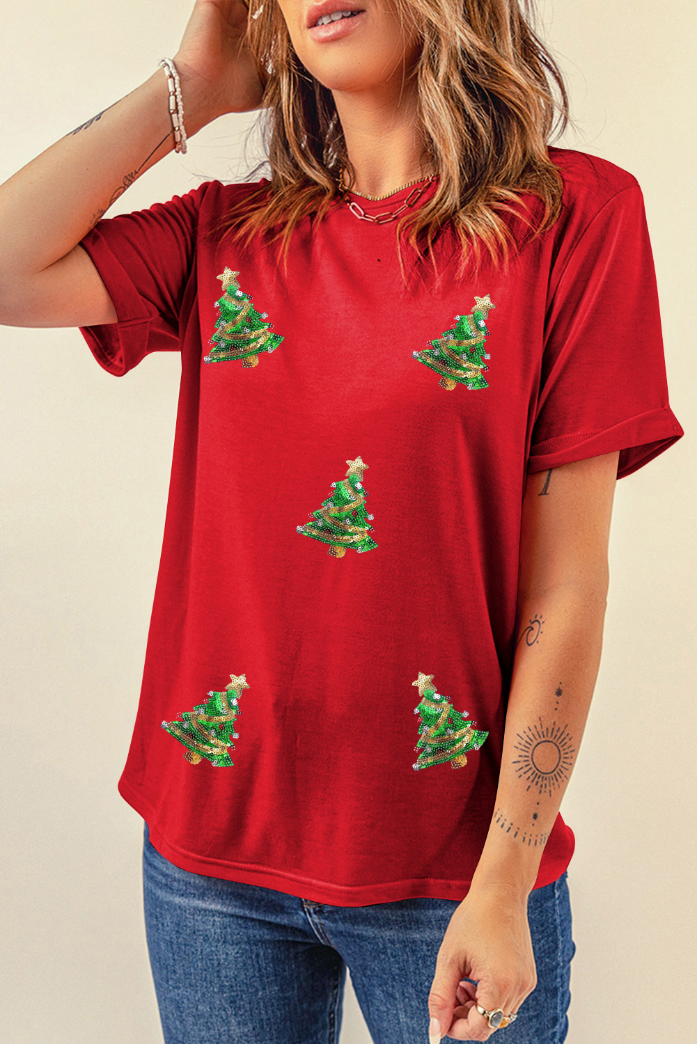 Red Sequined Christmas Tree Graphic Crewneck T Shirt - loveforevers