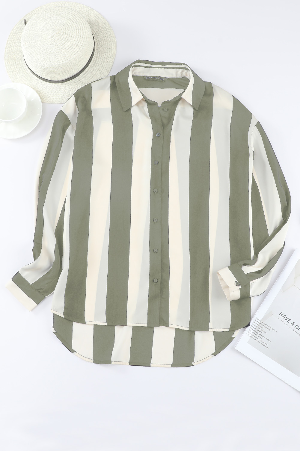 Green Striped Soft Relaxed Button Up Shirt - loveforevers