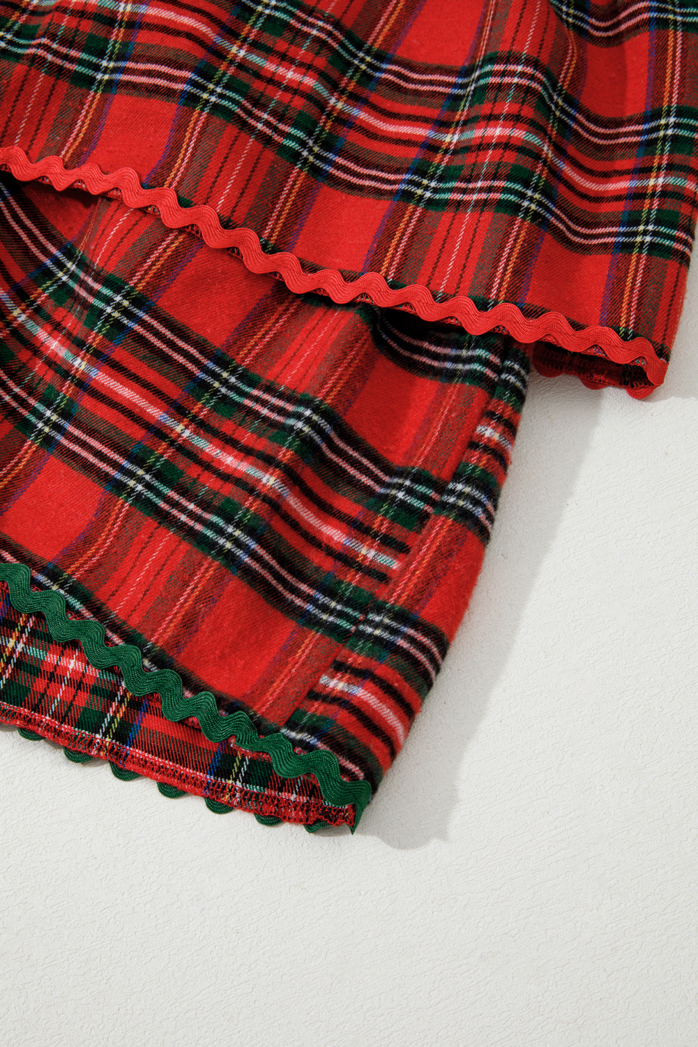 Red Plaid Print Ricrac Tiered Bubble Sleeve Mini Dress - loveforevers