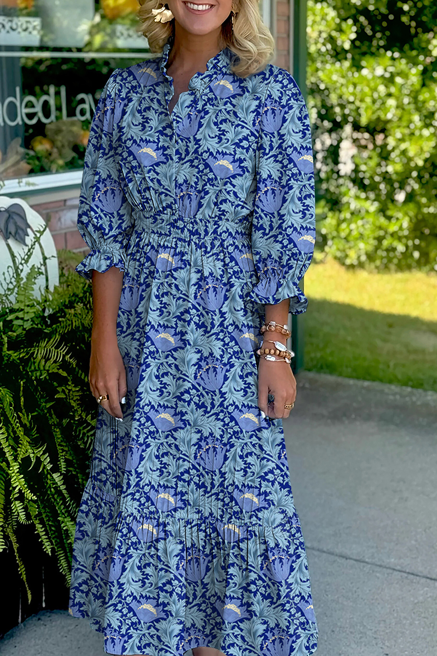 Sky Blue Floral Printed Frilled V Neck Bracelet Sleeve Long Dress - loveforevers