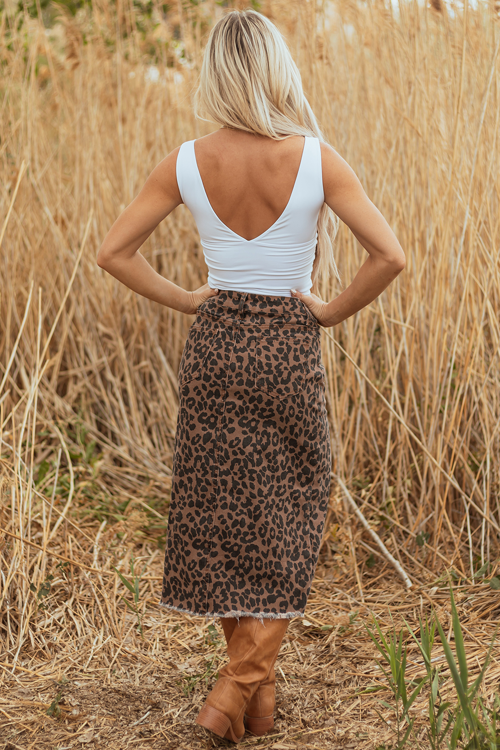 Brown Leopard Denim Frayed Split Denim Midi Skirt - loveforevers