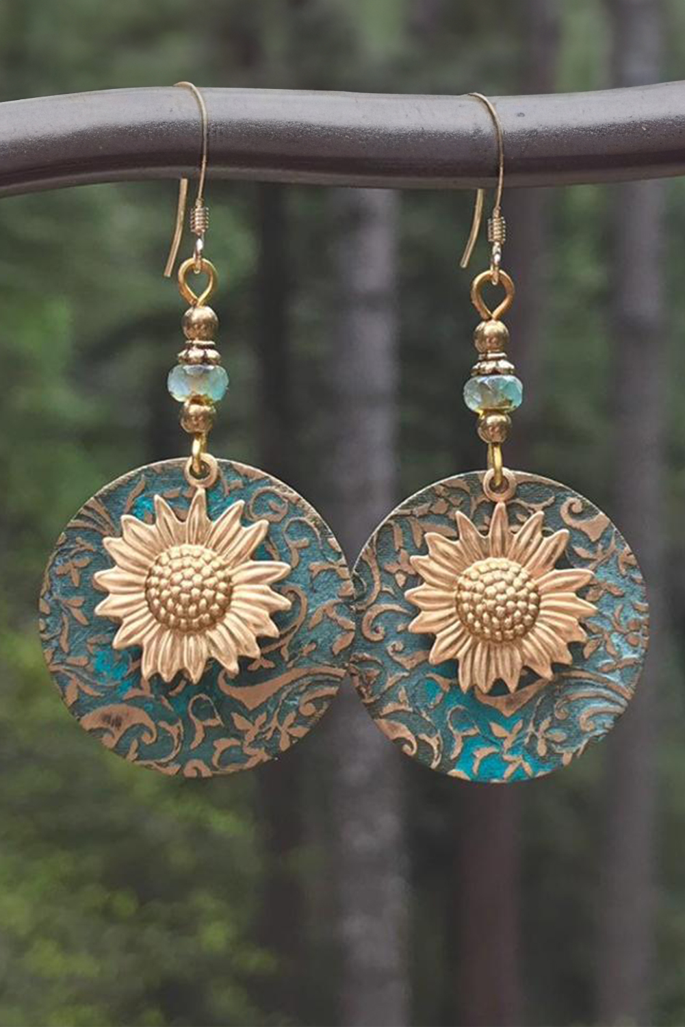 Real Teal Retro Sunflower Disc Alloy Dangle Earrings - loveforevers