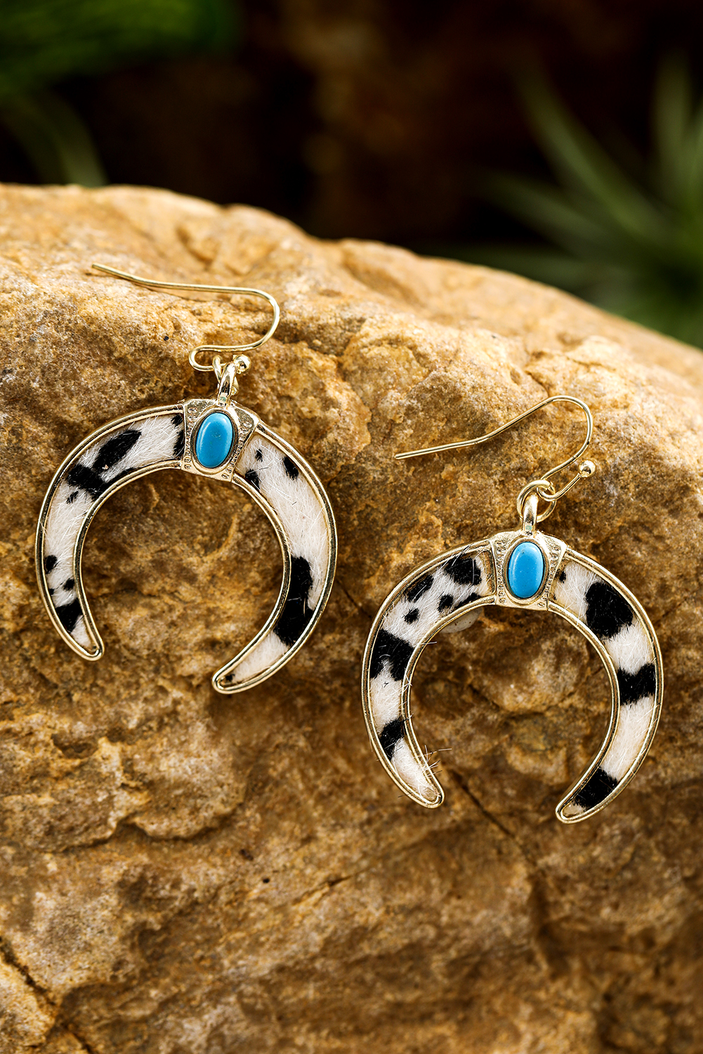 Black Cow Print Turquoise Inlay Crescent Shaped Dangle Earrings - loveforevers