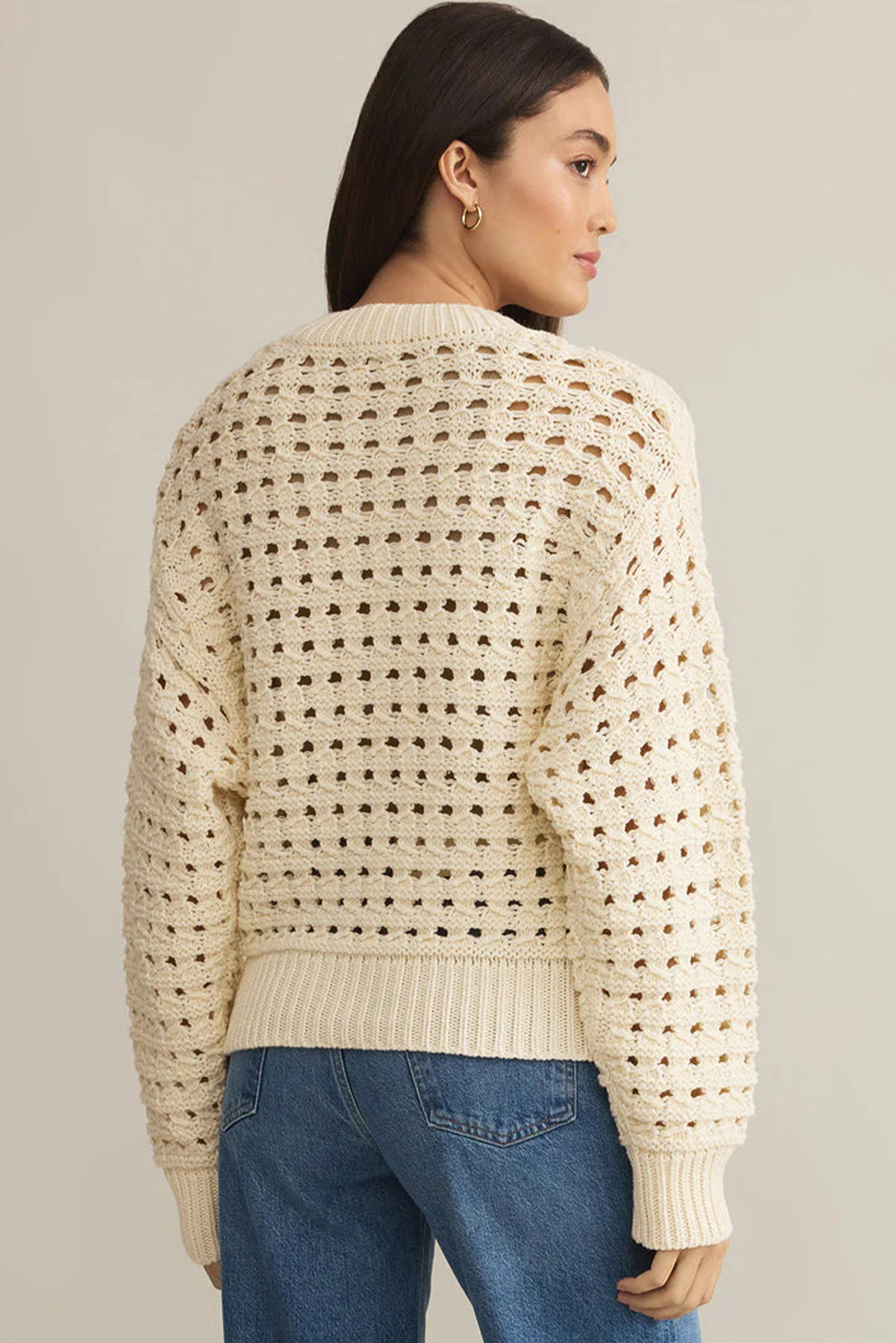 Beige Hollowed Pattern Knit Zip Up Drop Shoulder Sweater Cardigan - loveforevers