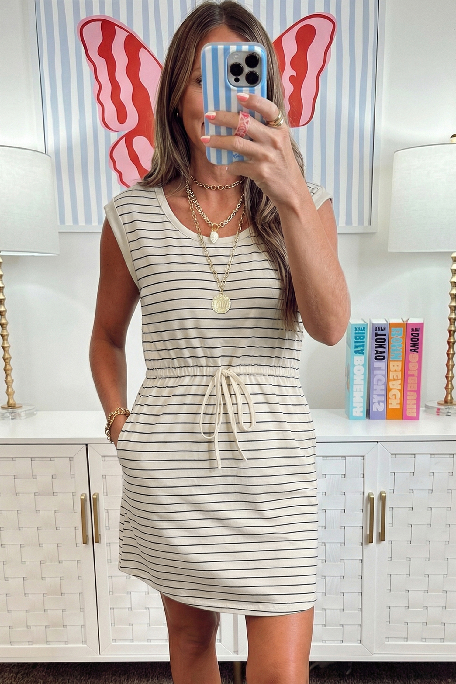 Beige Stripe Drawstring Tunic Tank Mini Dress with Pockets - loveforevers
