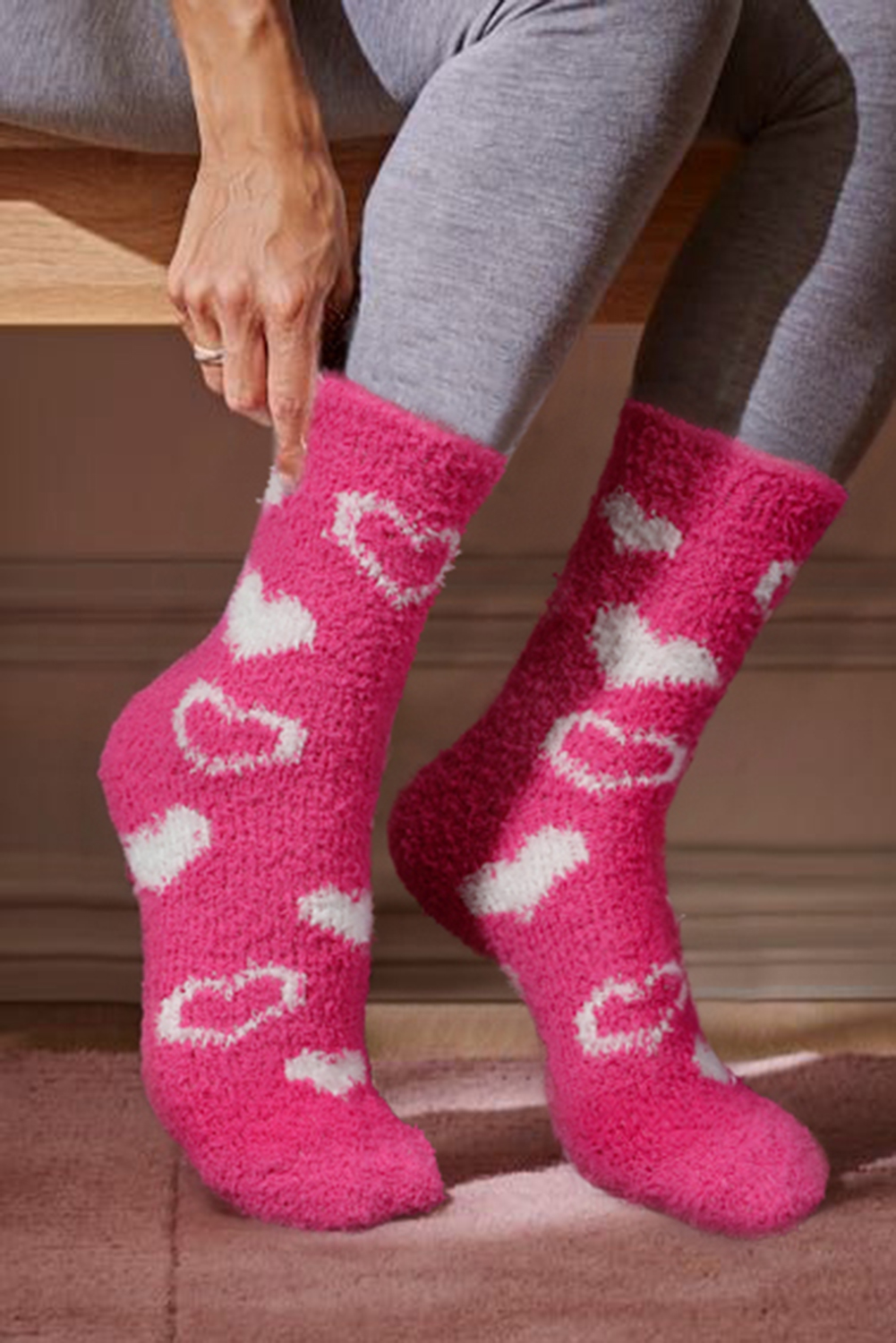 Dearlovers Strawberry Pink Heart Shape Print Coral Fleece Thick Crew Socks - loveforevers
