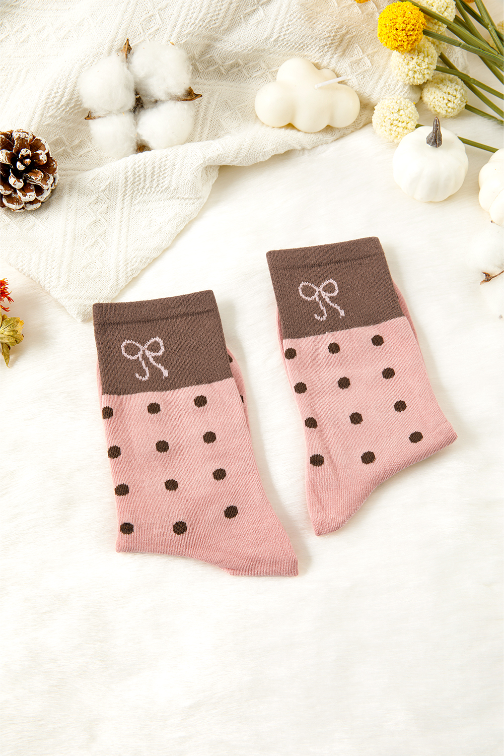 Blossom 1 Pairs Polka Dot Print Contrast Bow Block Socks - loveforevers