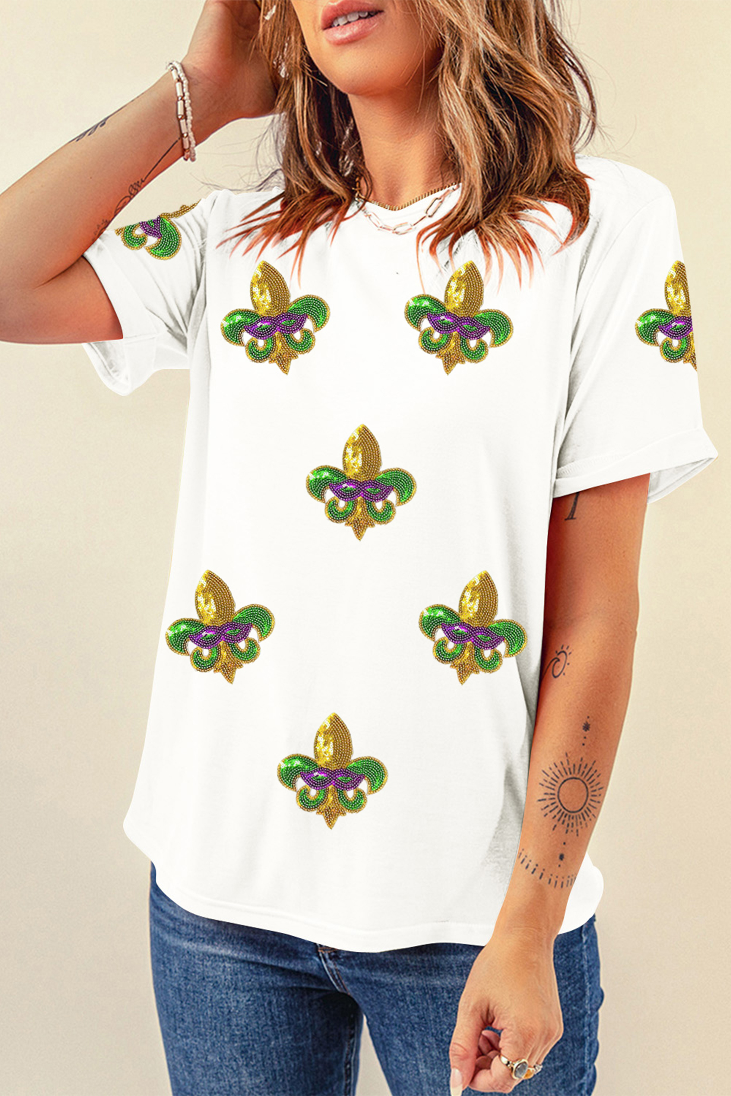 White Mardi Gras Fleur De Lis Patterned T Shirt - loveforevers