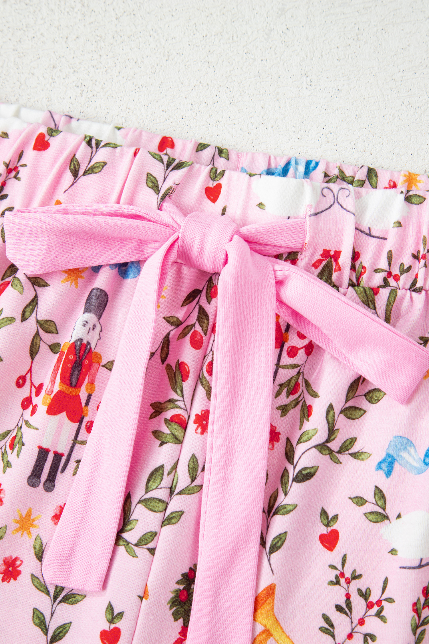 Pink Nutcracker Doll Christmas Print Ribbon Tie Waist Short 2pcs Pajama Set - loveforevers