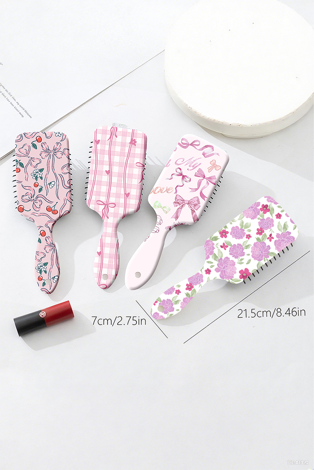 White Peony Flower Print Large Paddle Air Cushion Comb - loveforevers