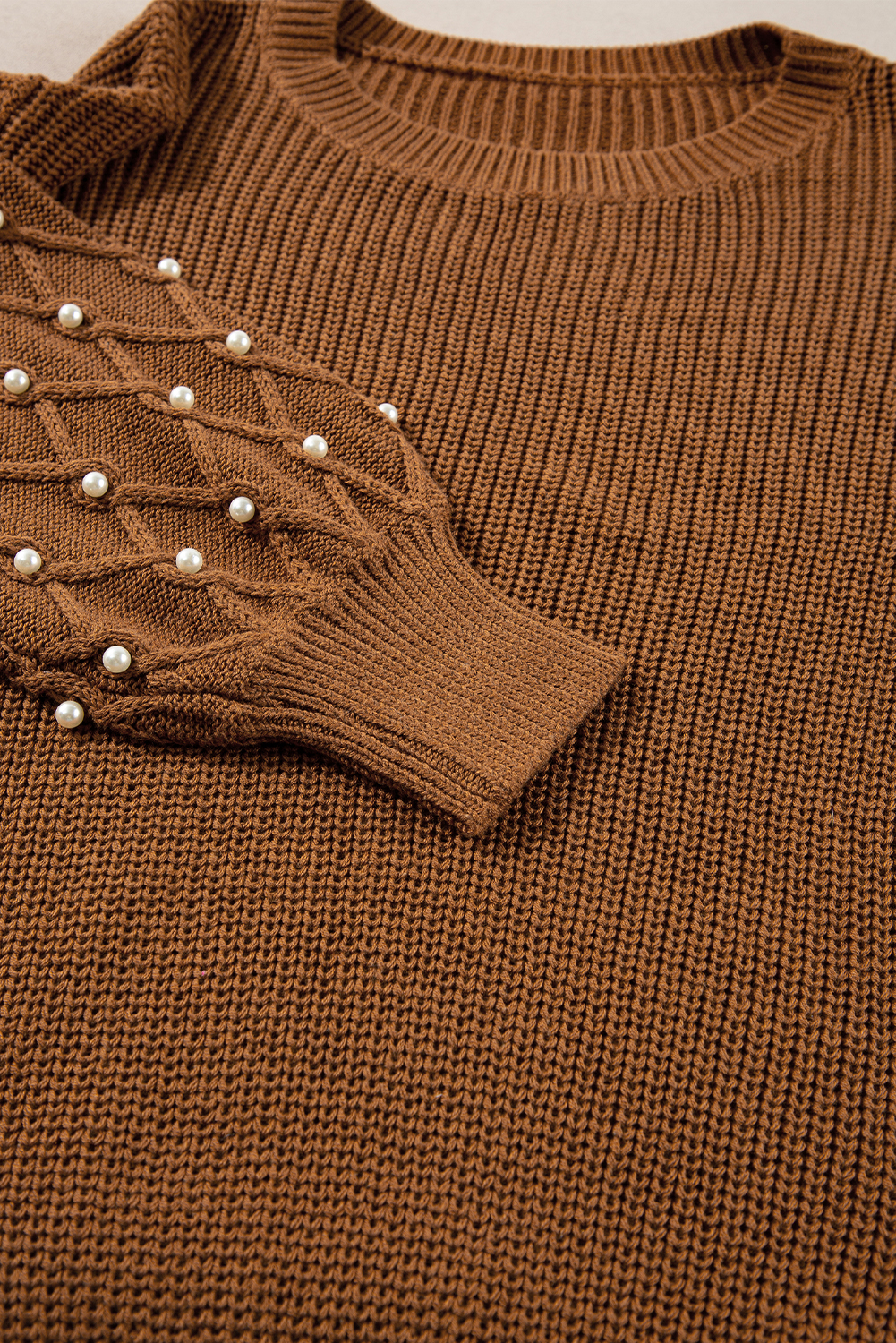Chestnut Beaded Drop Shoulder Round Neck Sweater - loveforevers