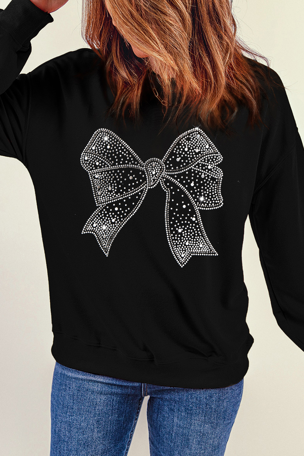 Black Rhinestone Bowknot Graphic Crewneck Pullover Sweatshirt - loveforevers