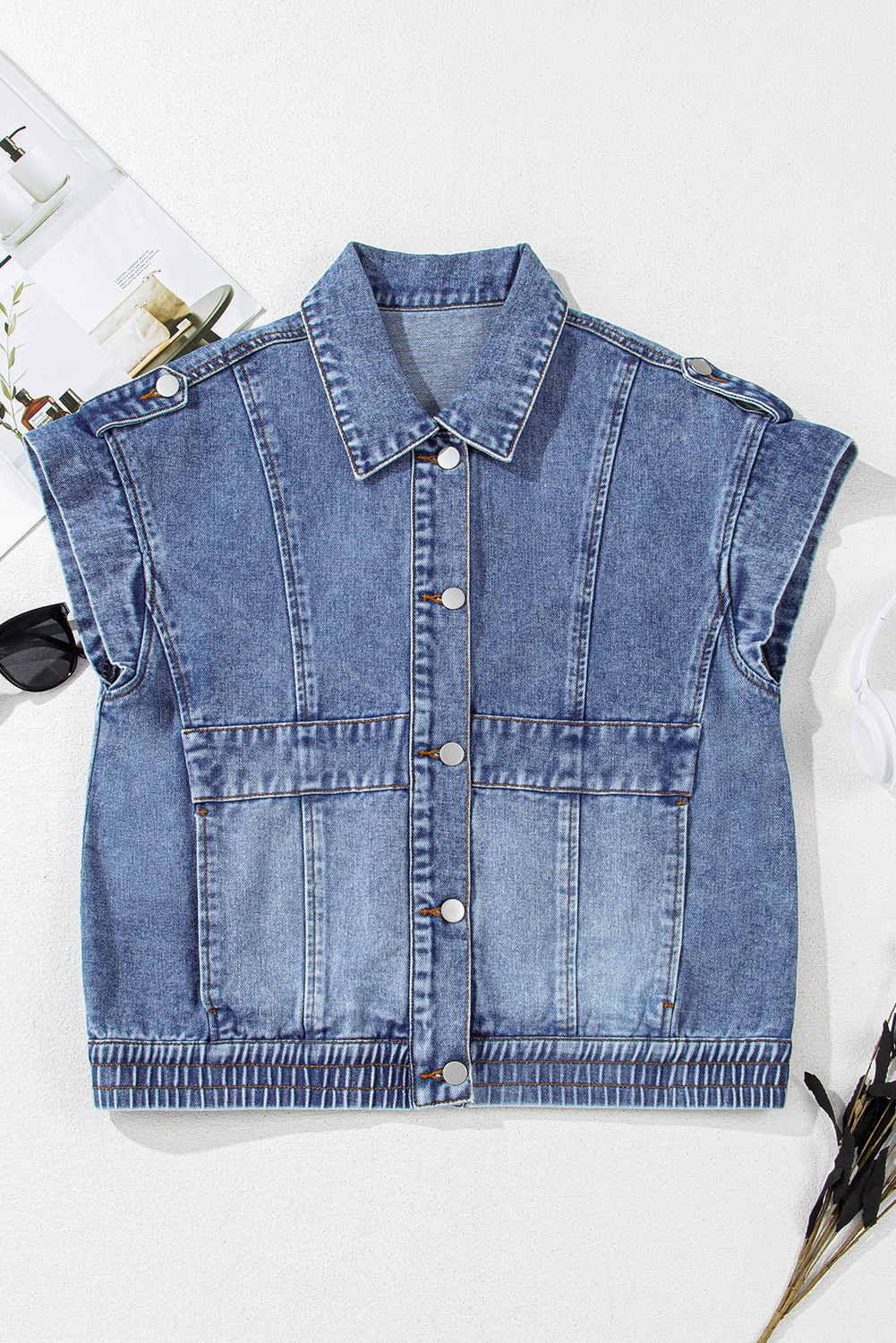 Ashleigh Blue Acid Wash Elastic Hem Button Up Denim Vest - loveforevers
