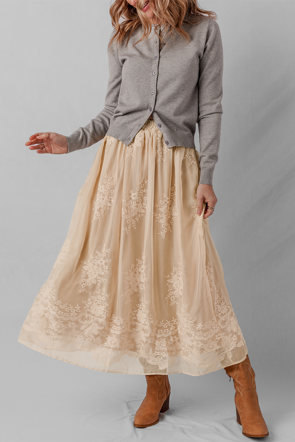 Oatmeal Embroidered Mesh Overlay Flowy Long Skirt - loveforevers