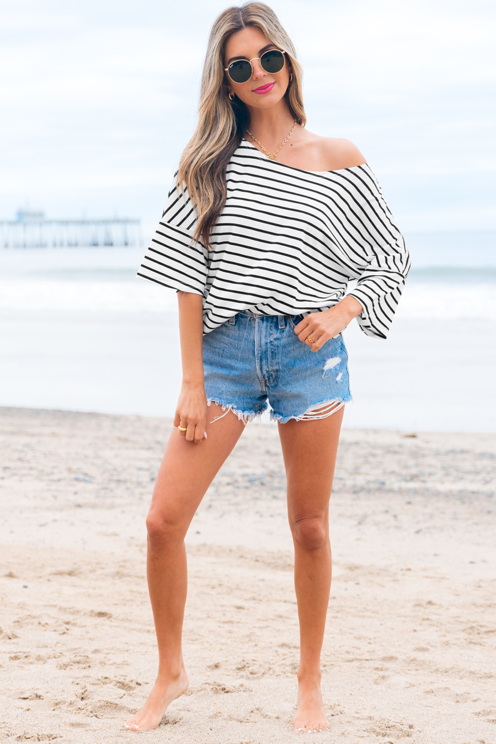 Black Stripe Half Sleeve Scoop Neck Loose Top - loveforevers