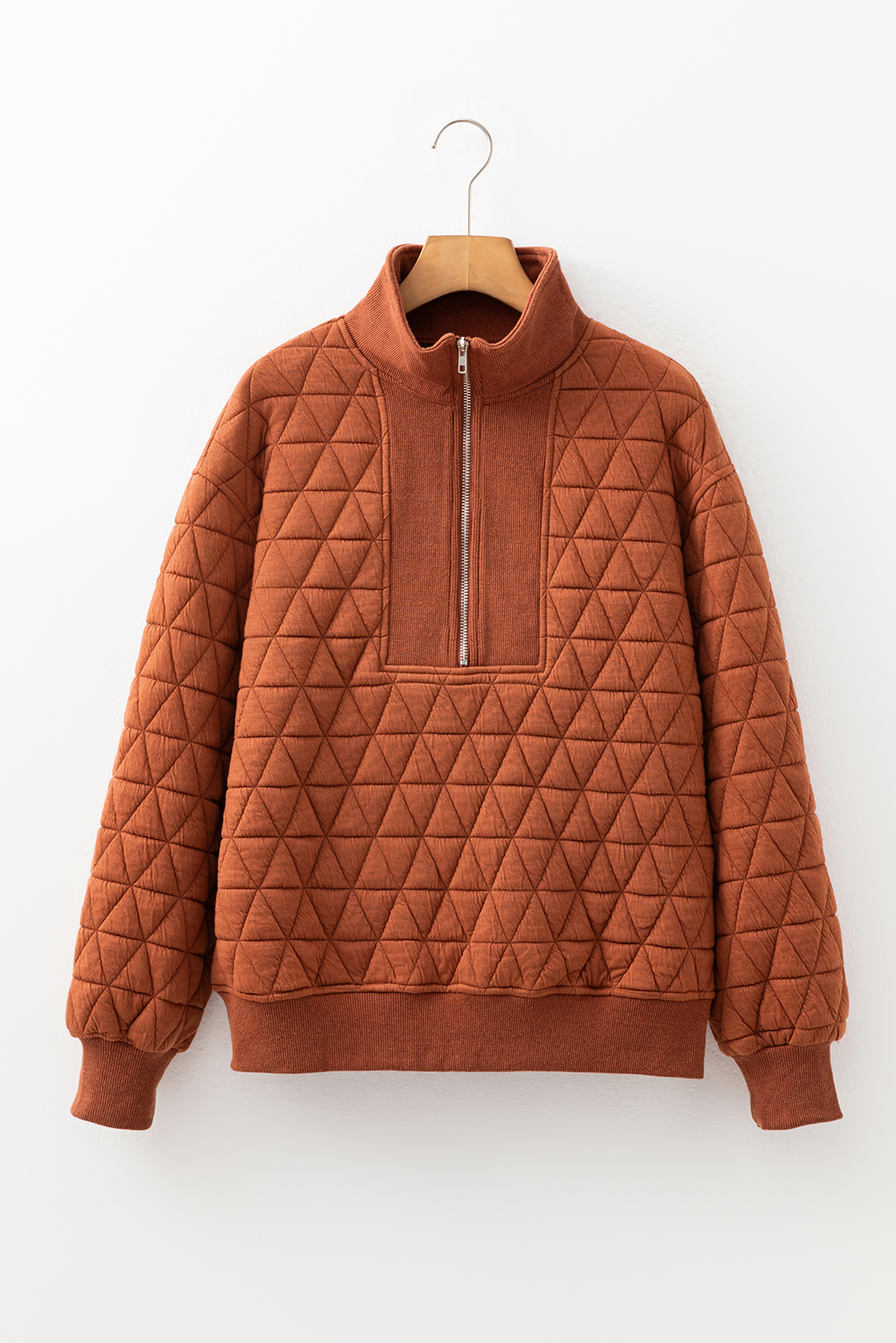 Straw Yellow Geometric Quilted Half Zipped Loose Sweatshirt - loveforevers