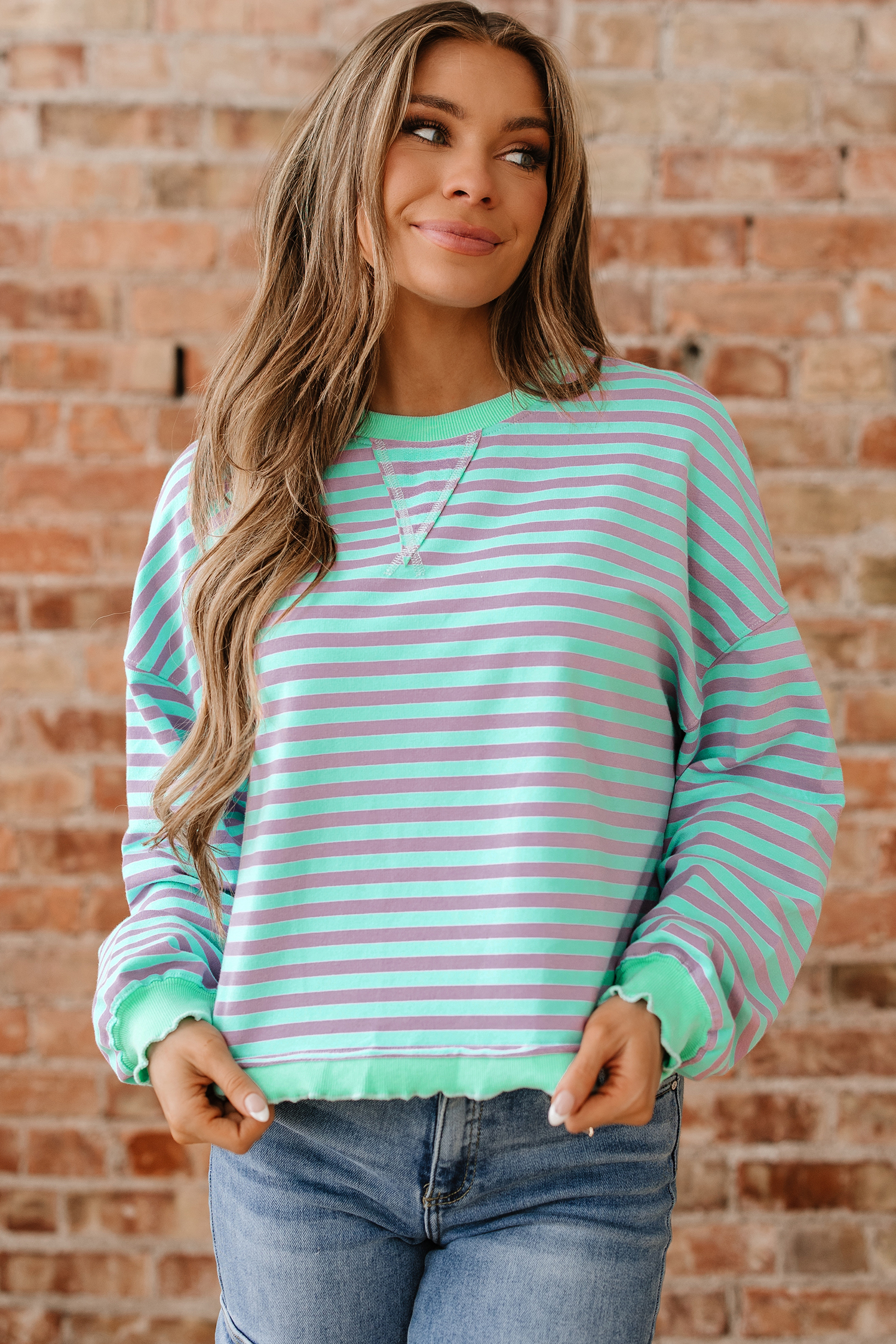 Green Stripe Exposed Seam Contrast Ribbed Trim Oversize Sweatshirt - loveforevers