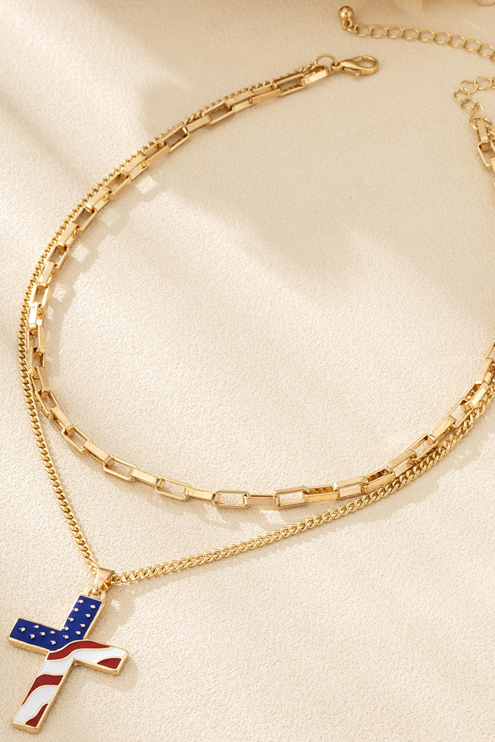 Gold Plated Double Chain Stars and Stripes Cross Pendent Necklace - loveforevers
