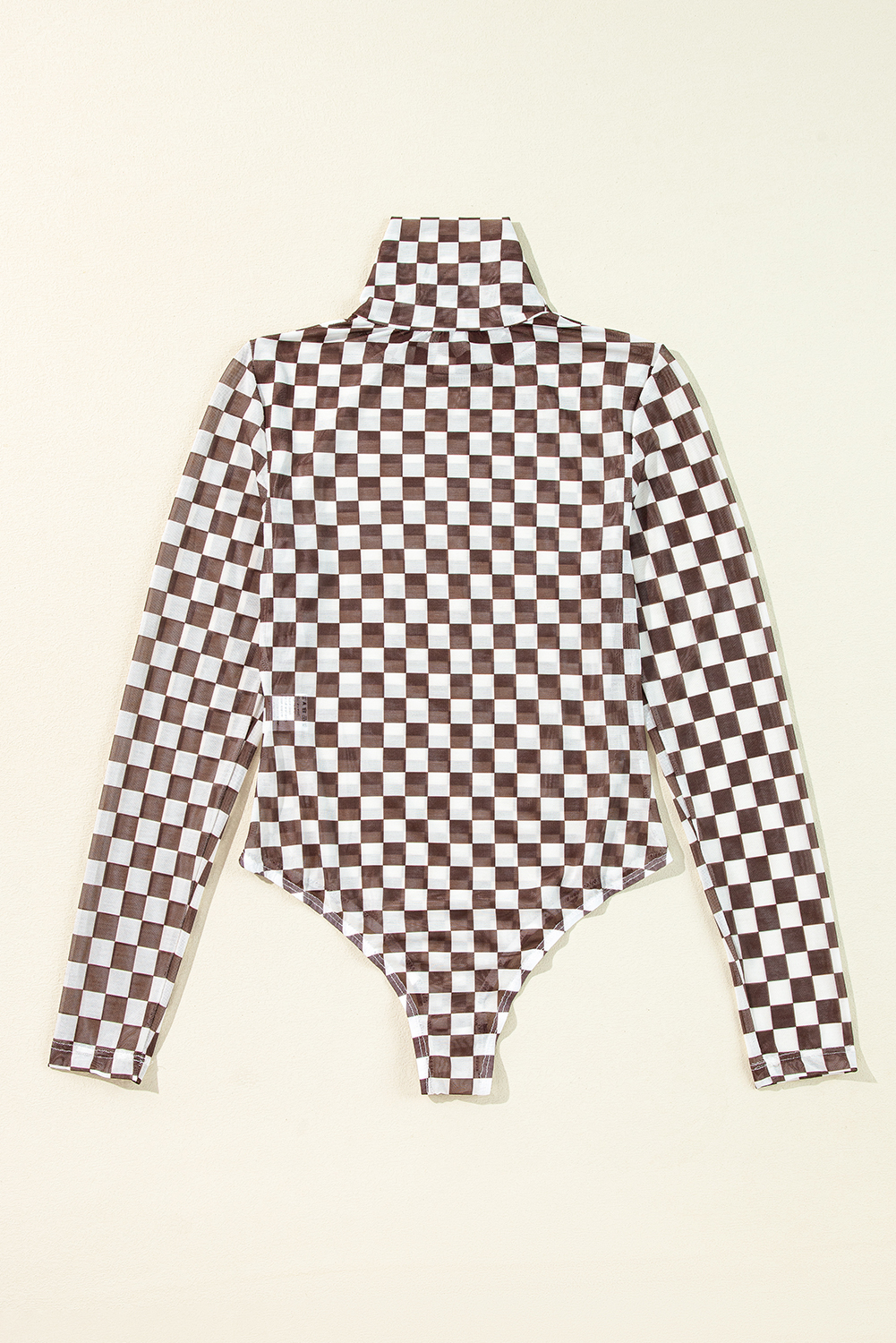 Khaki Checkered Pattern Mesh Mock Neck Long Sleeve Top - loveforevers